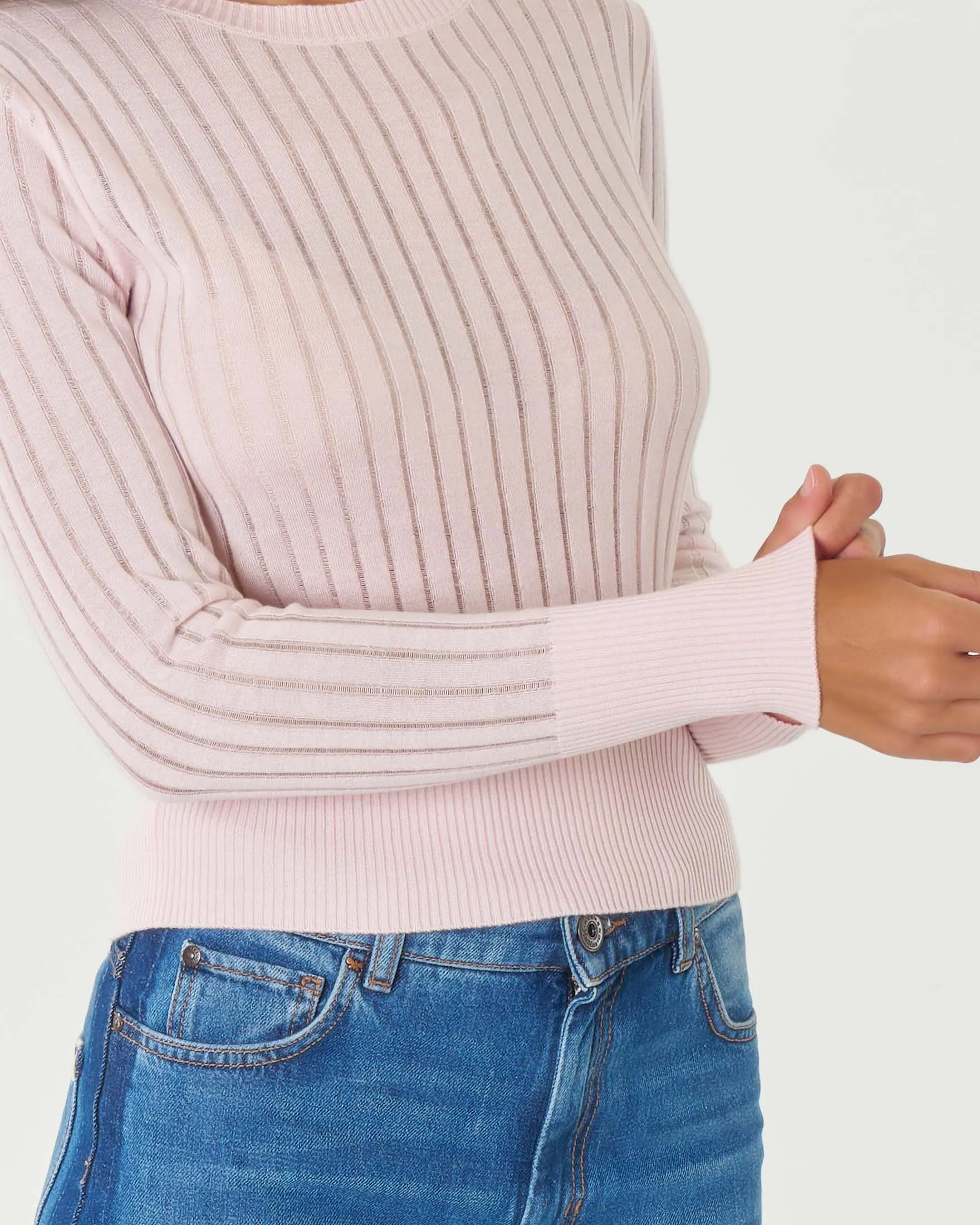 Maglia girocollo rosa cipria in seta e lana a coste effetto semi trasparente