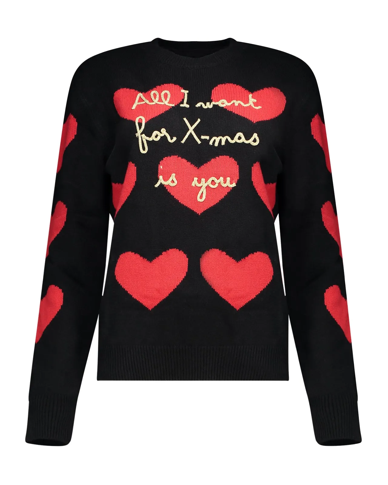 Maglione All I Want For XMas nero cuori rossi