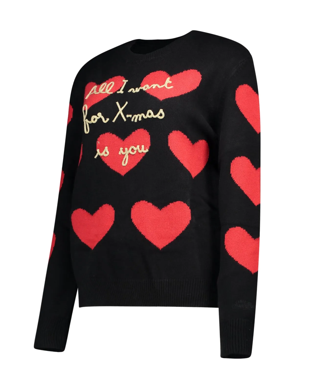 Maglione All I Want For XMas nero cuori rossi