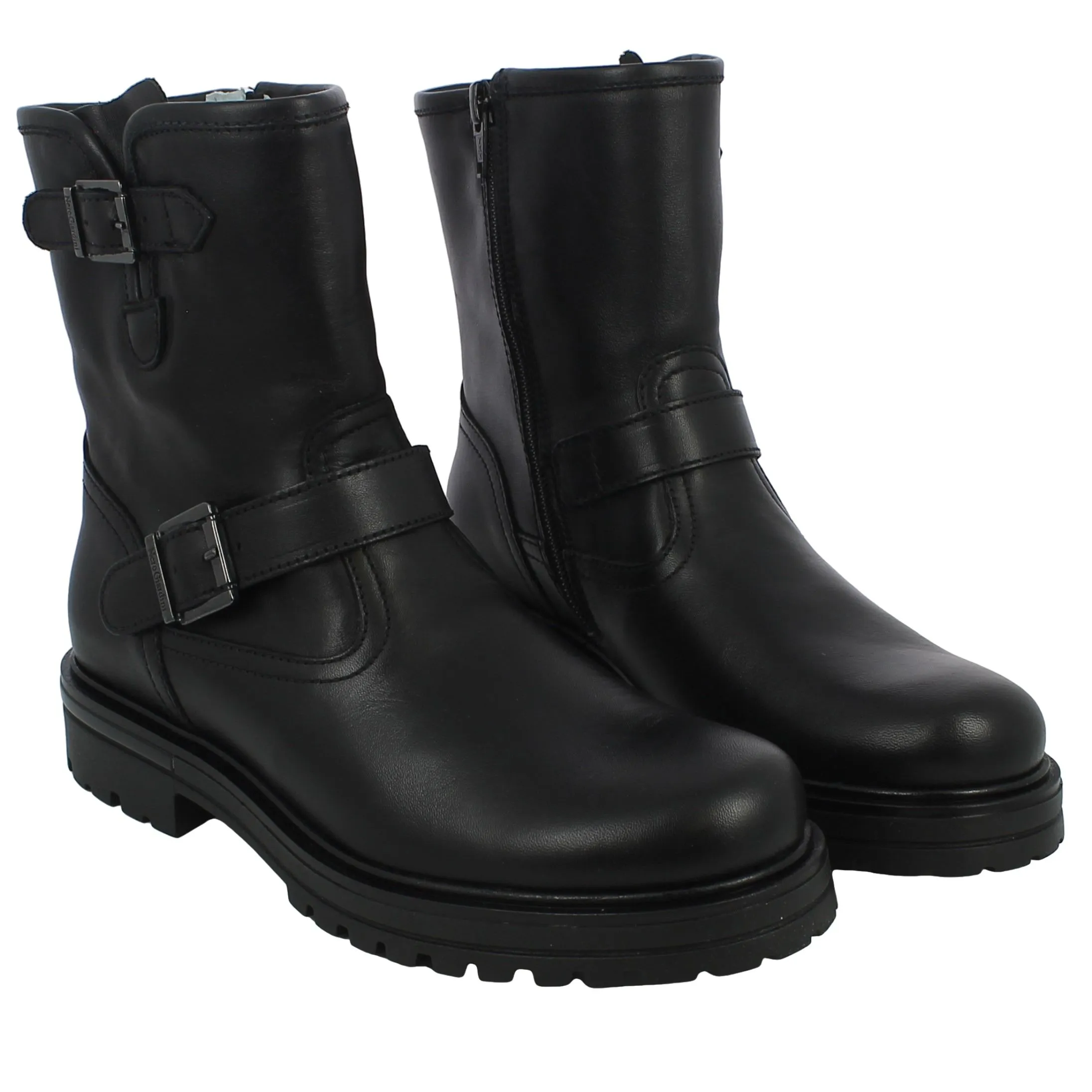 NeroGiardini  Biker in pelle con fibbie e zip 