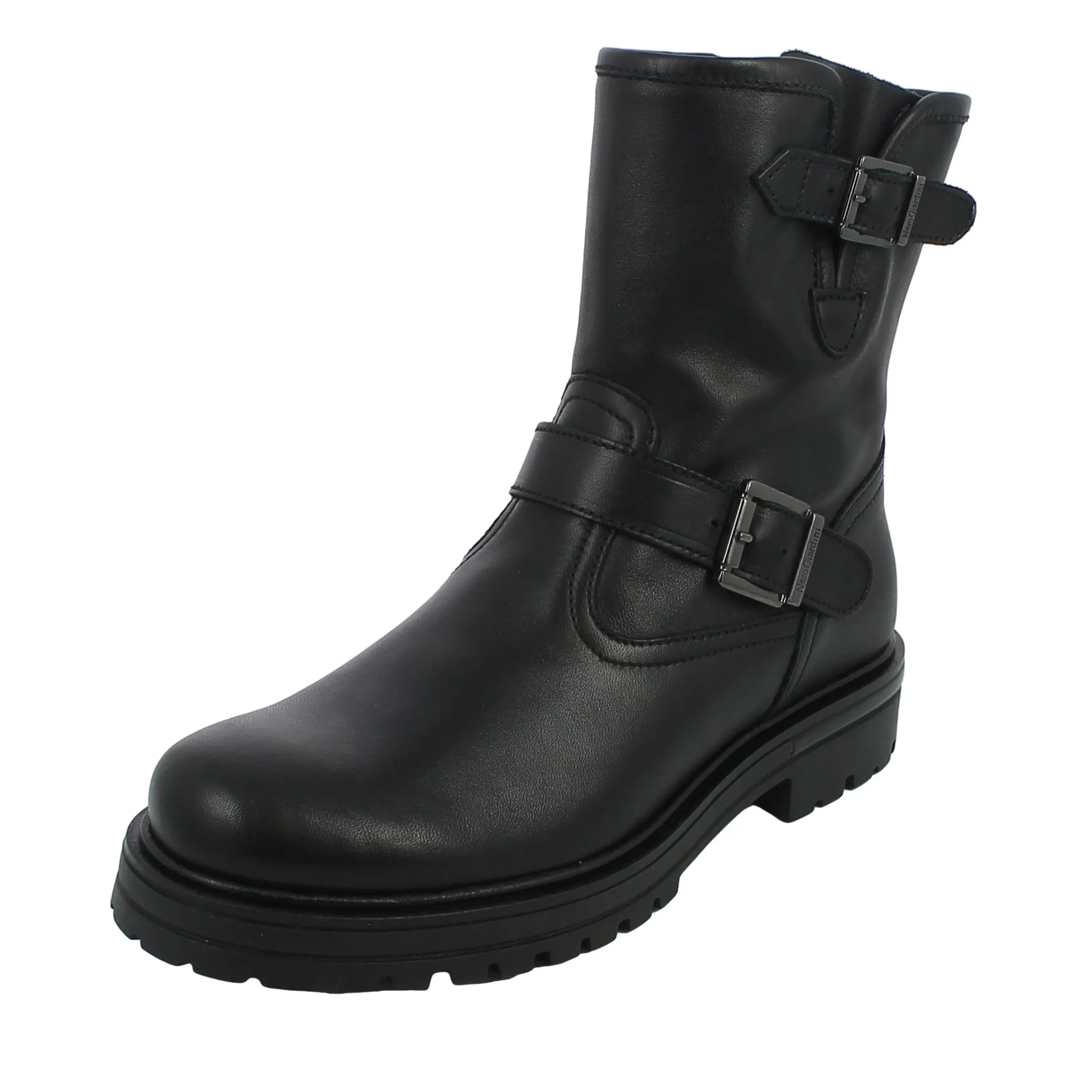 NeroGiardini  Biker in pelle con fibbie e zip 