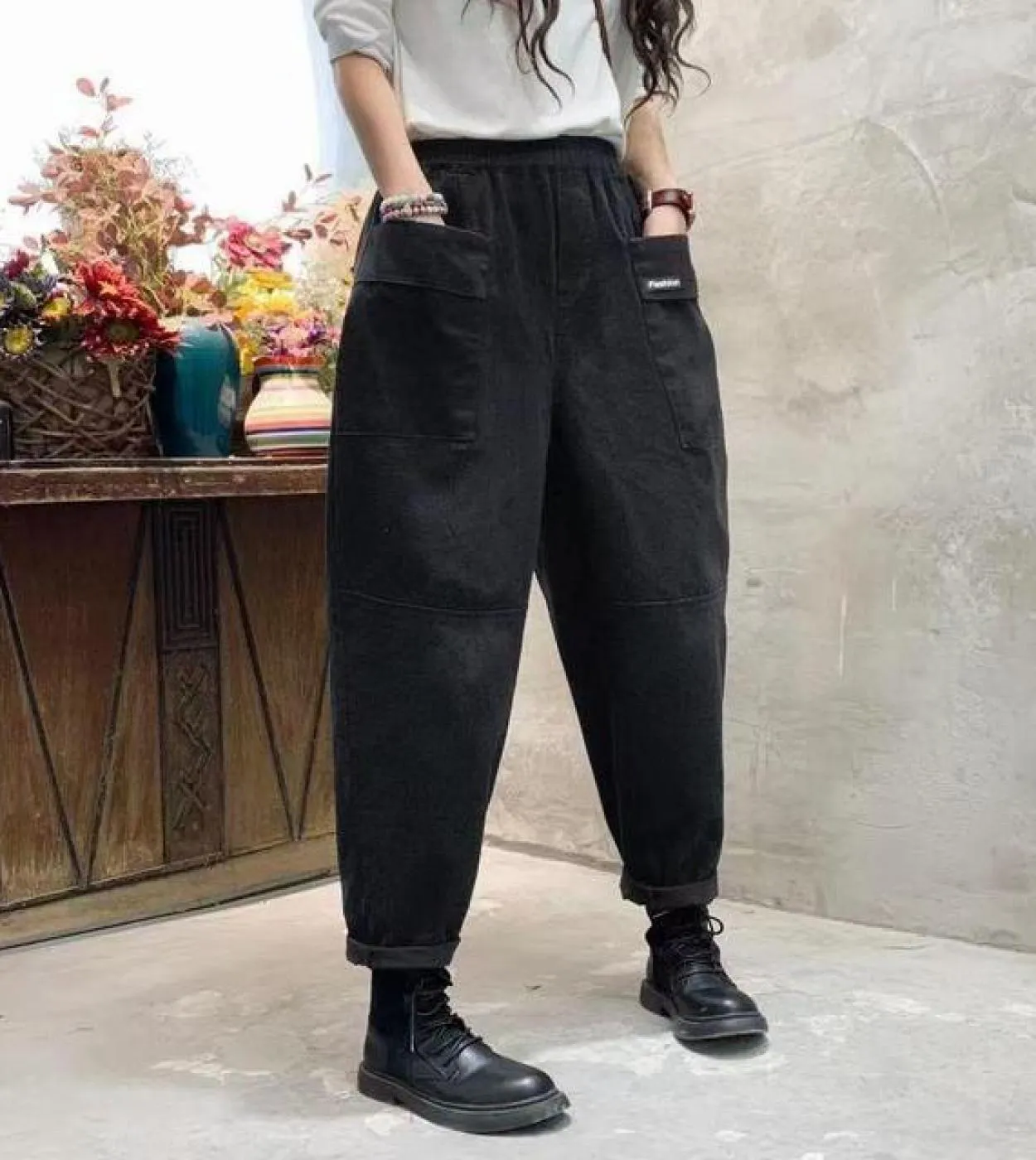 Nuovo arrivo autunno donna allentato casual cotone denim pantaloni alla caviglia elastico in vita grande tasca patchwork pantalo