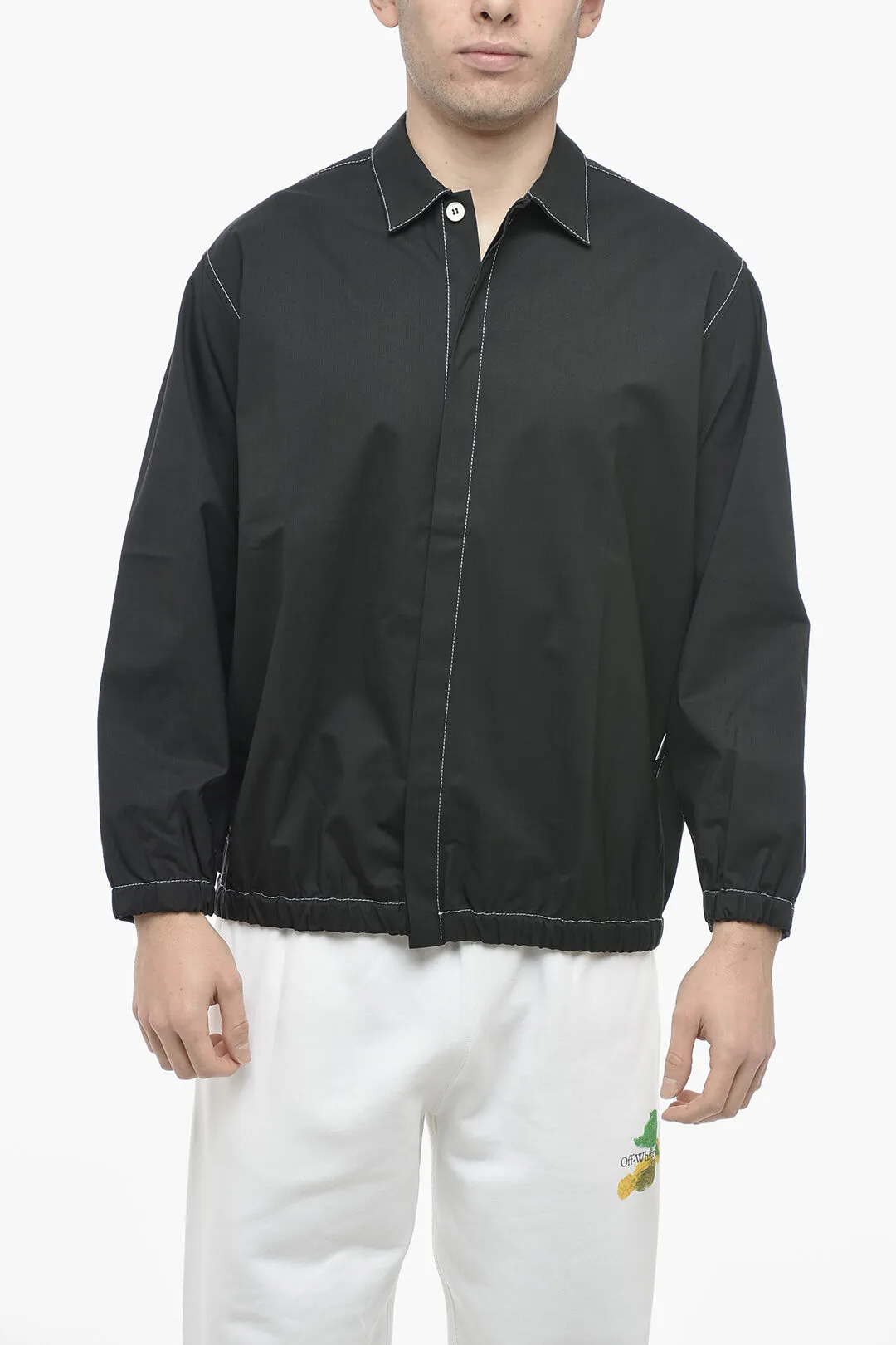 Overshirt in Lana Vergine con Cuciture a Vista e Fondo Elastico