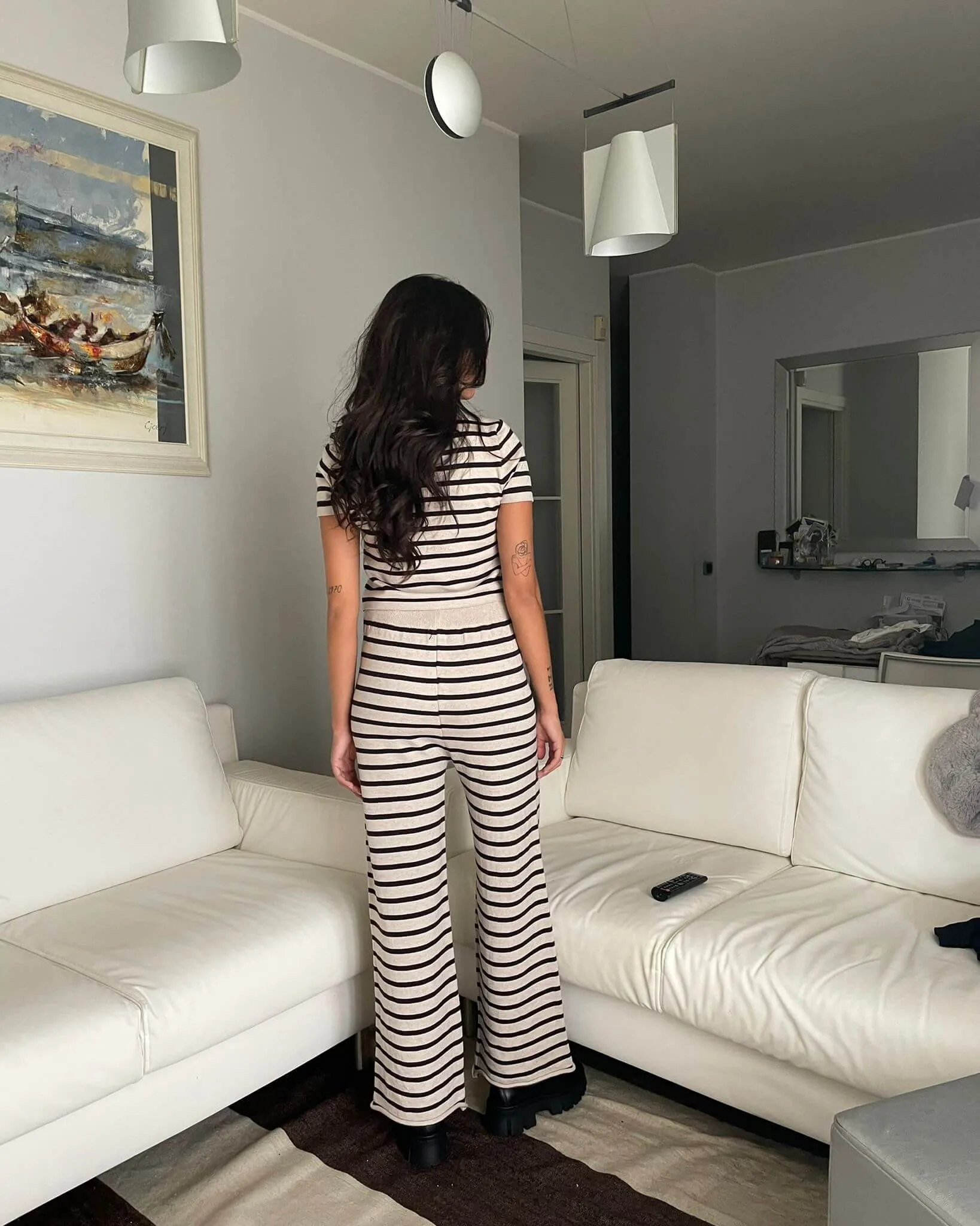 Pantaloni in maglia a righe beige e marroni