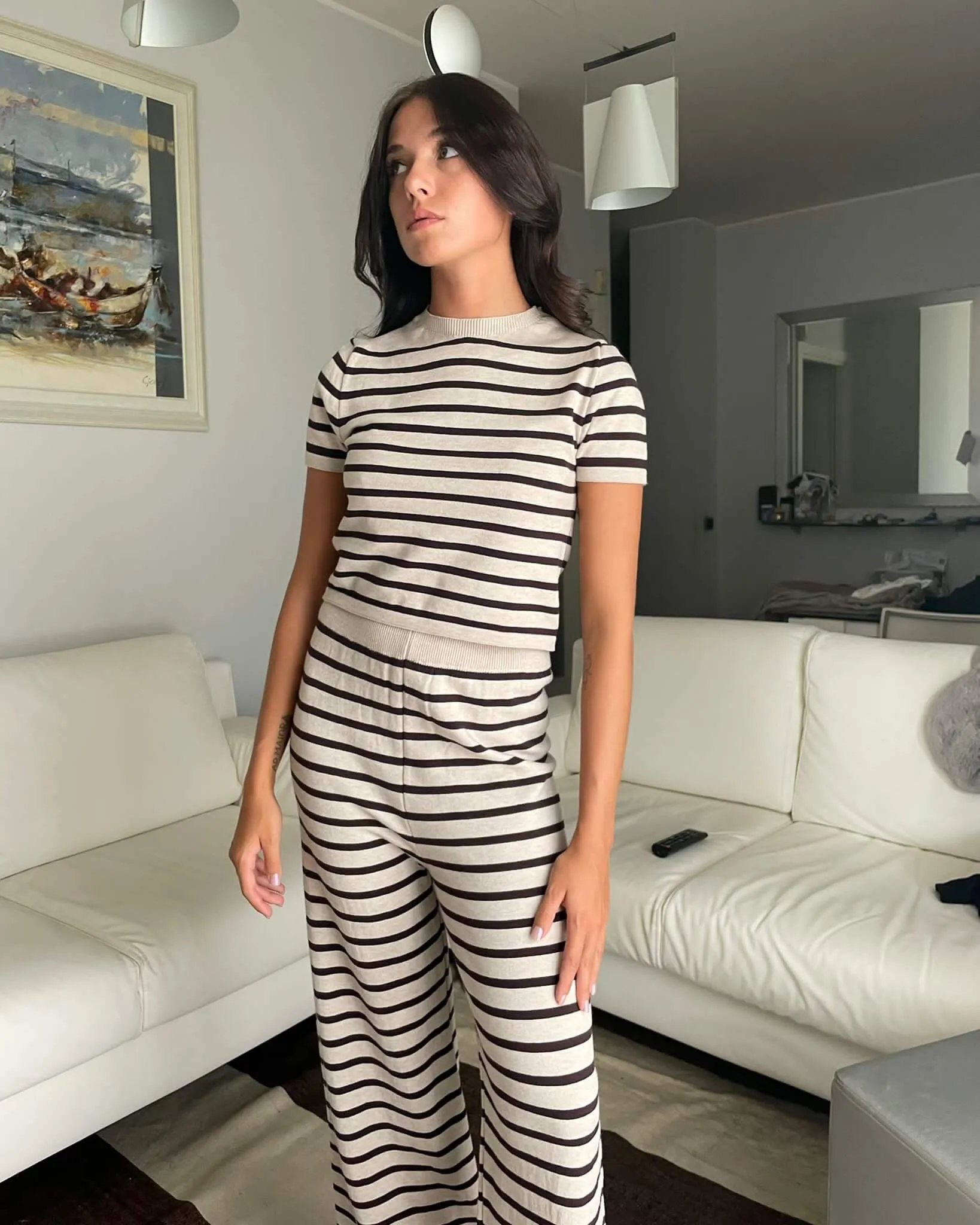 Pantaloni in maglia a righe beige e marroni