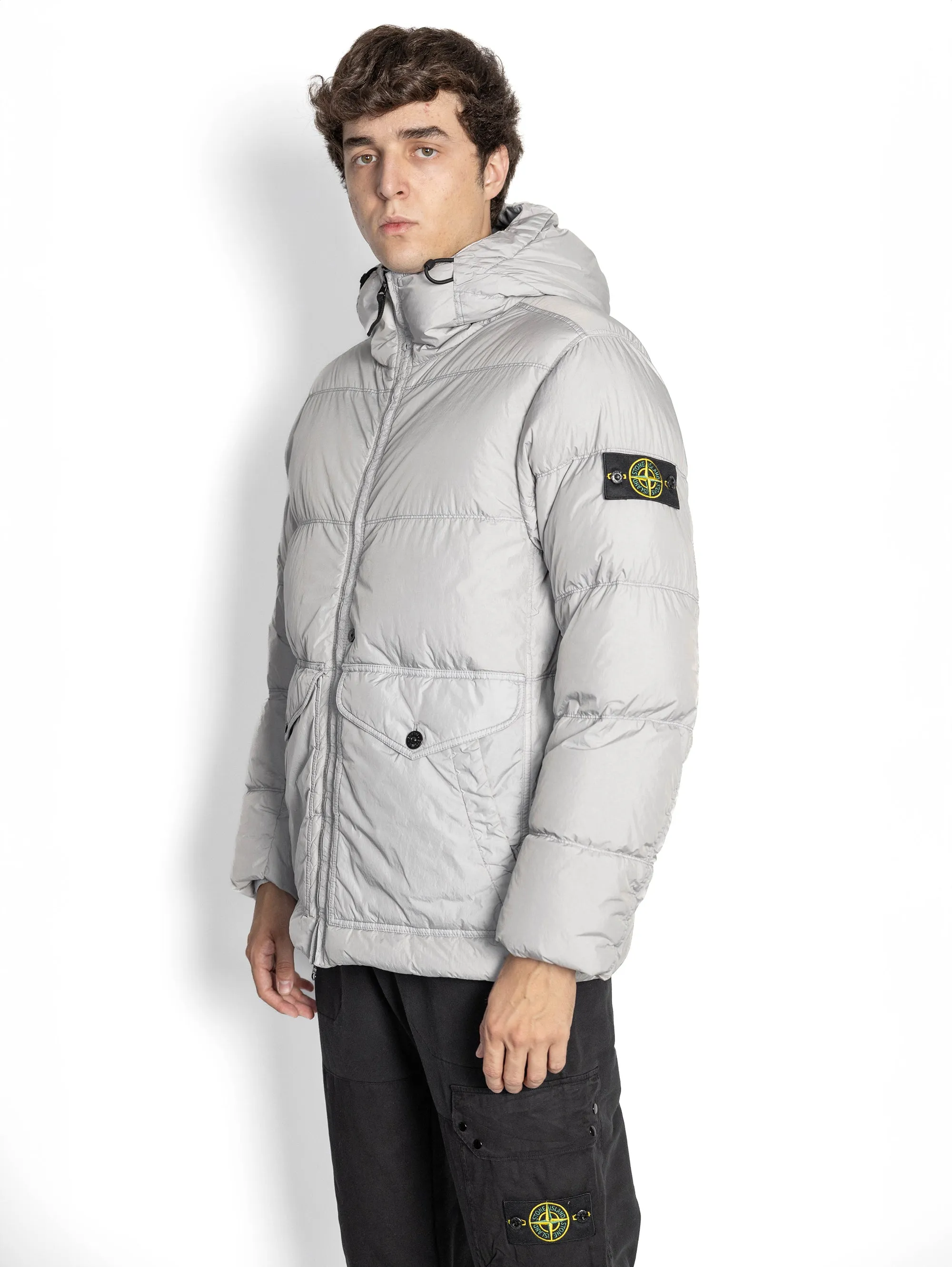 Piumino con Cappuccio in Nylon Crinkle Reps Grigio