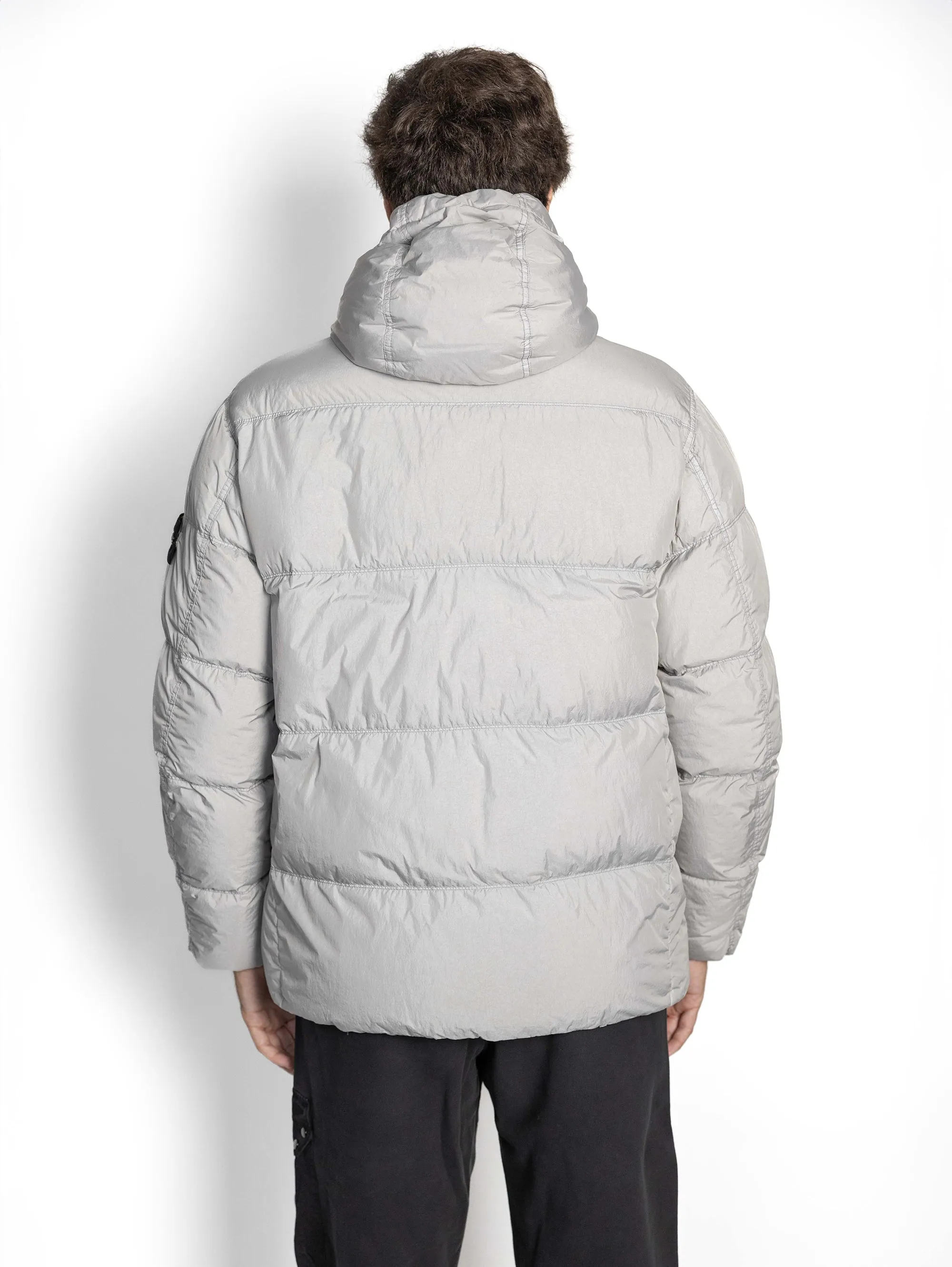 Piumino con Cappuccio in Nylon Crinkle Reps Grigio