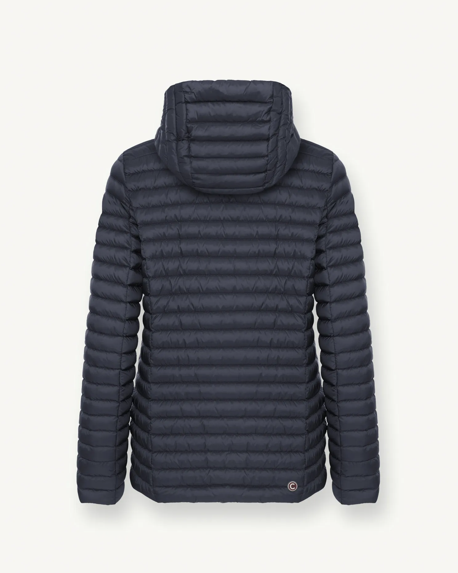 Piumino lungo dalla linea sfiancata blu con imbottitura leggera in piuma e cappuccio fisso