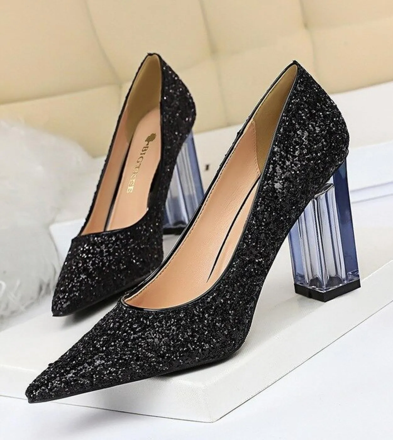 Plus Size Women Block 10cm Tacchi alti Glitter Scarpins Oro argento Tacchi a blocchi Décolleté Lady Wedding Trasparente Chunky S