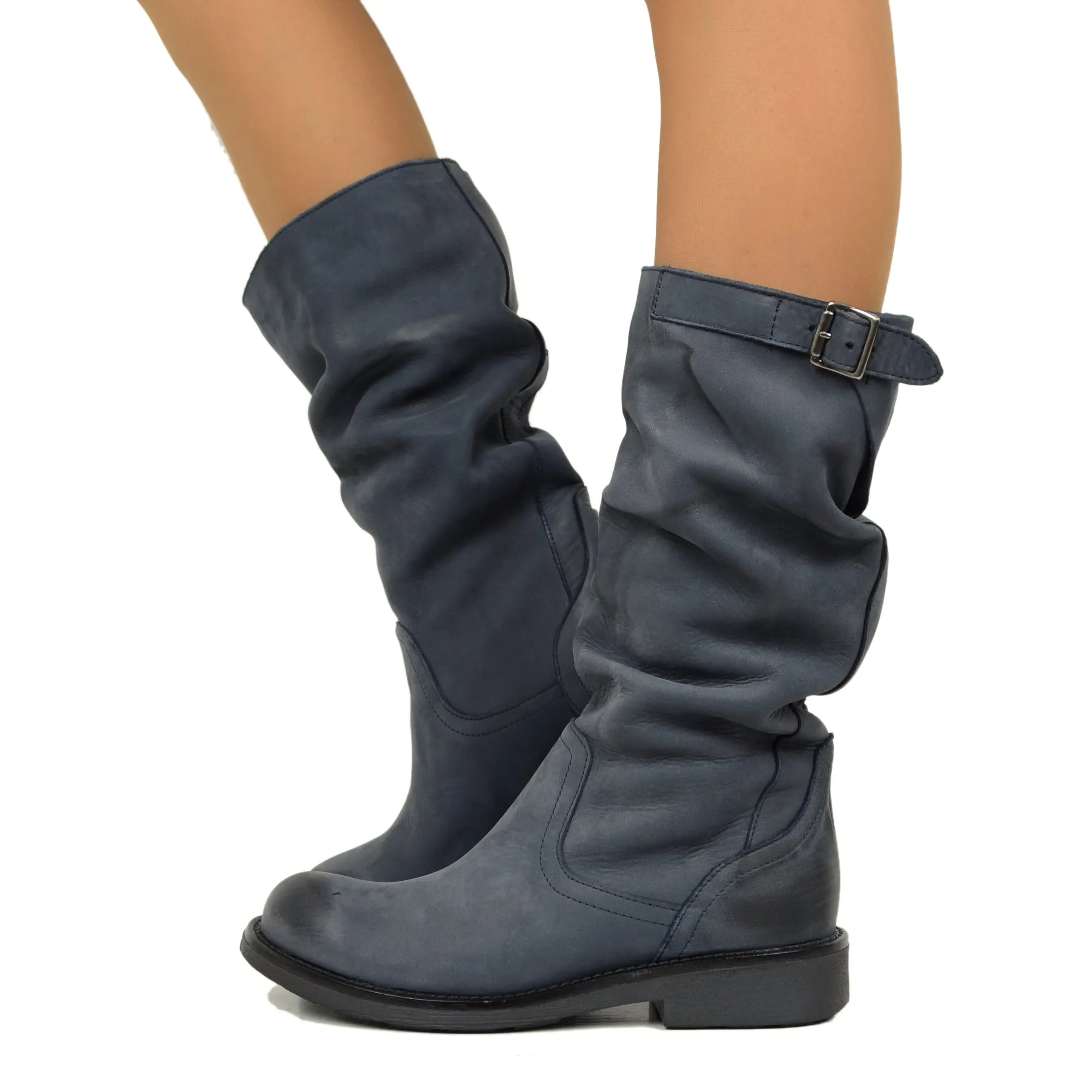Stivali Biker Boots a Metà Polpaccio in Pelle Vintage Blu