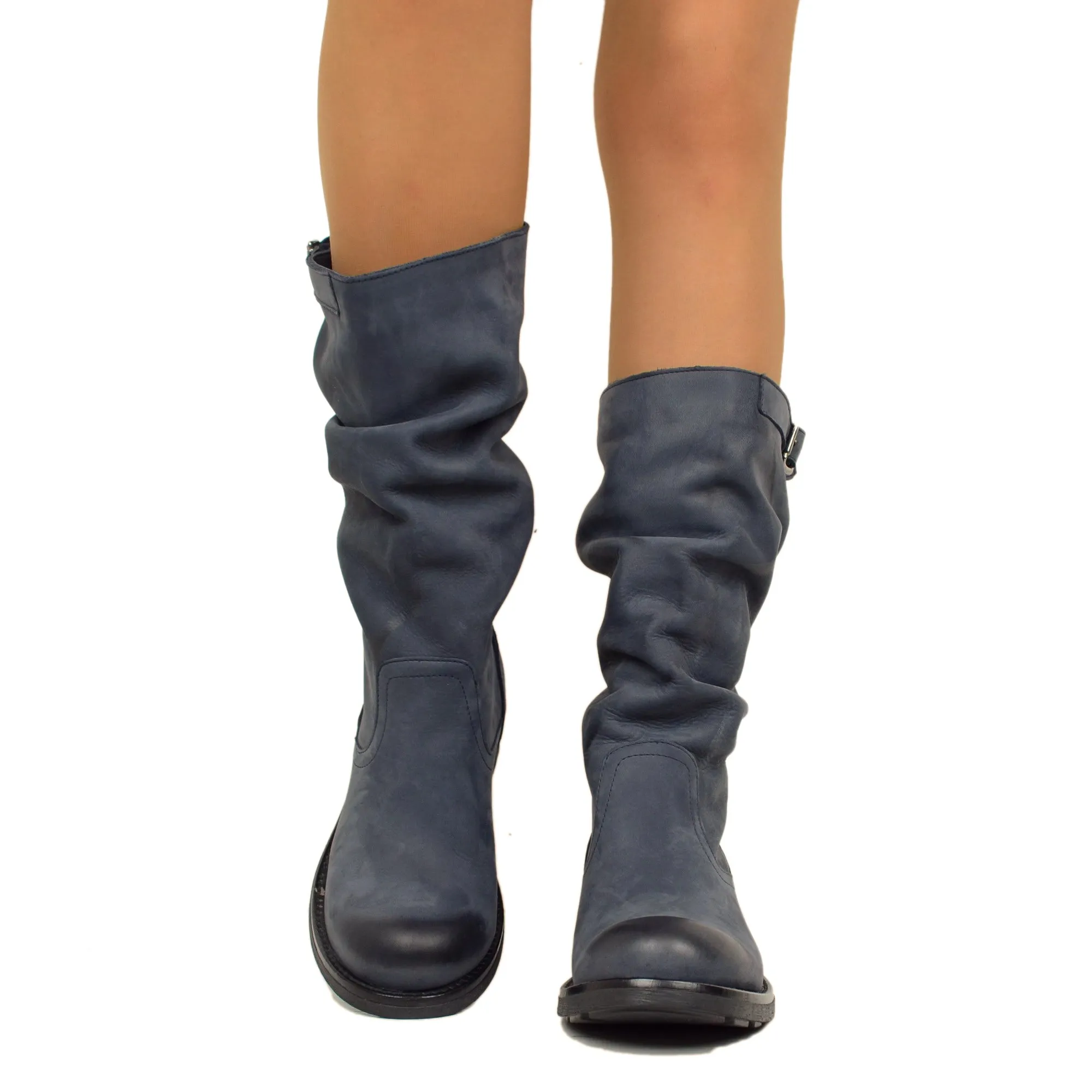 Stivali Biker Boots a Metà Polpaccio in Pelle Vintage Blu