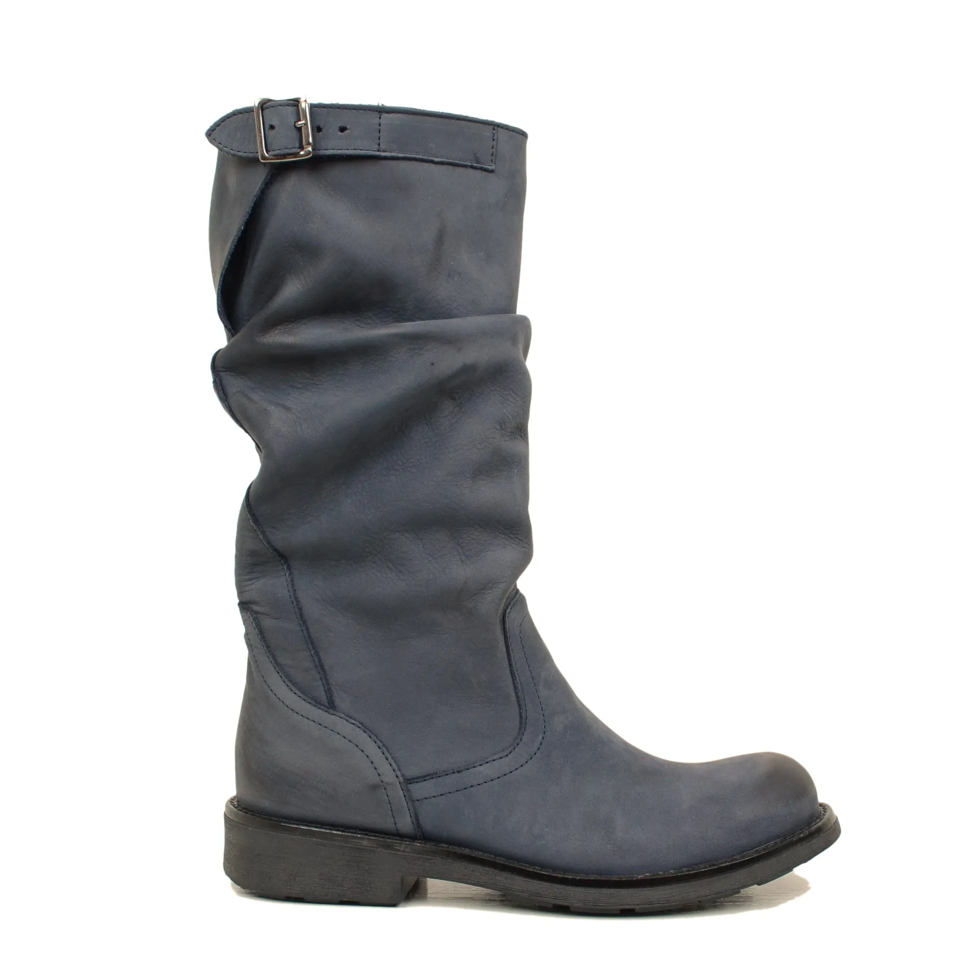 Stivali Biker Boots a Metà Polpaccio in Pelle Vintage Blu