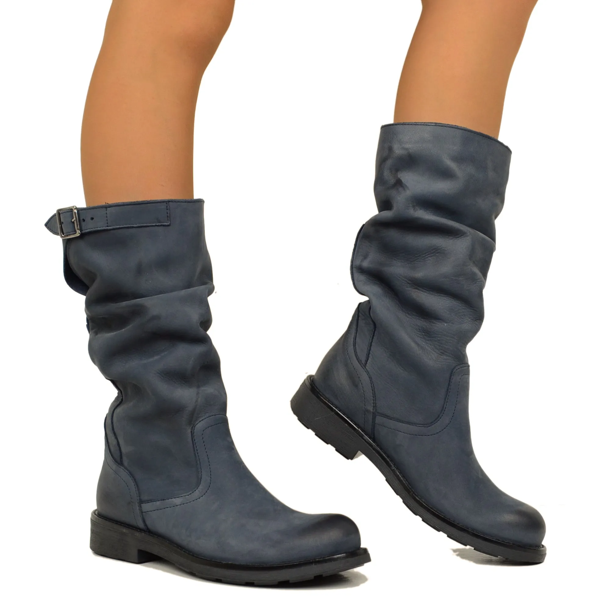 Stivali Biker Boots a Metà Polpaccio in Pelle Vintage Blu