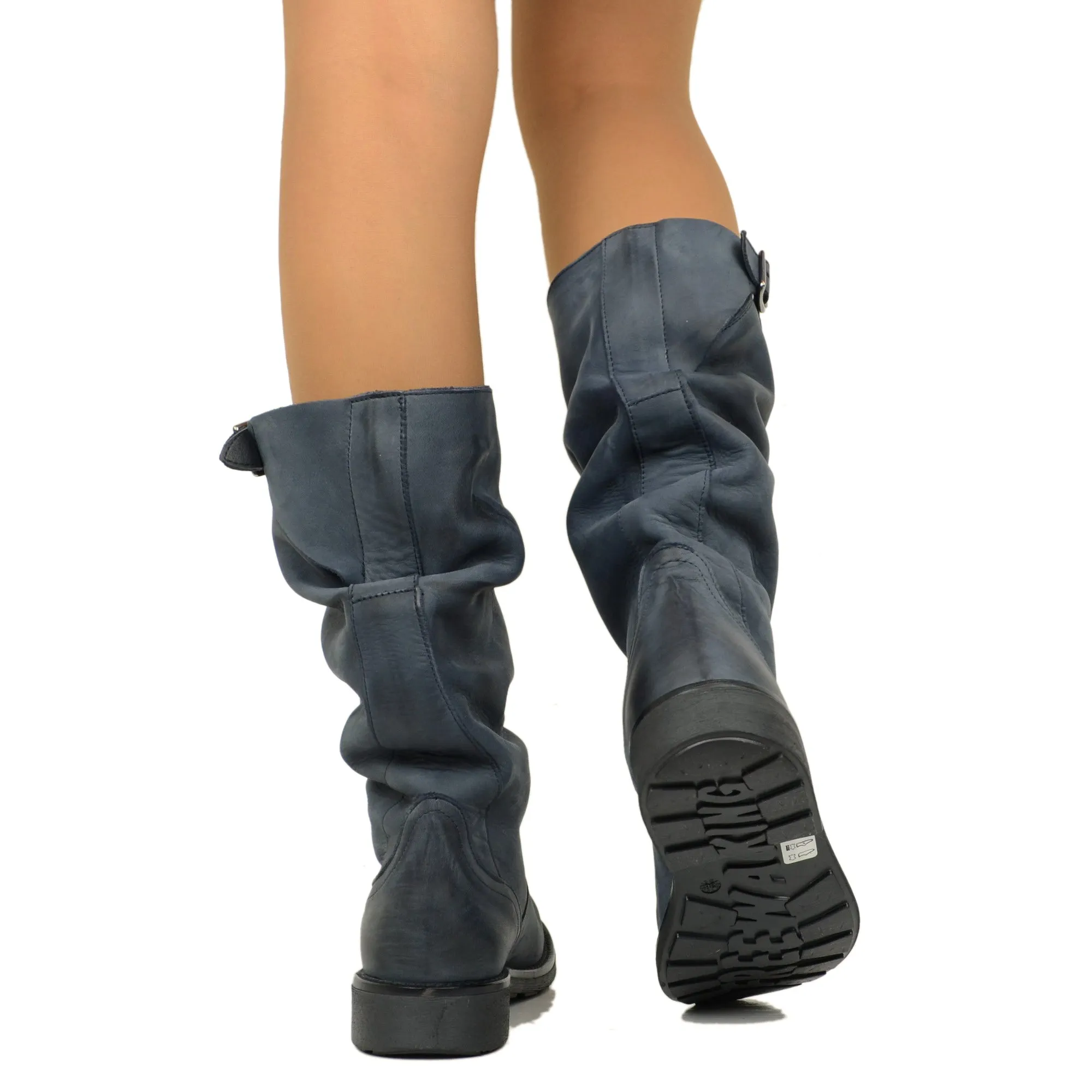 Stivali Biker Boots a Metà Polpaccio in Pelle Vintage Blu