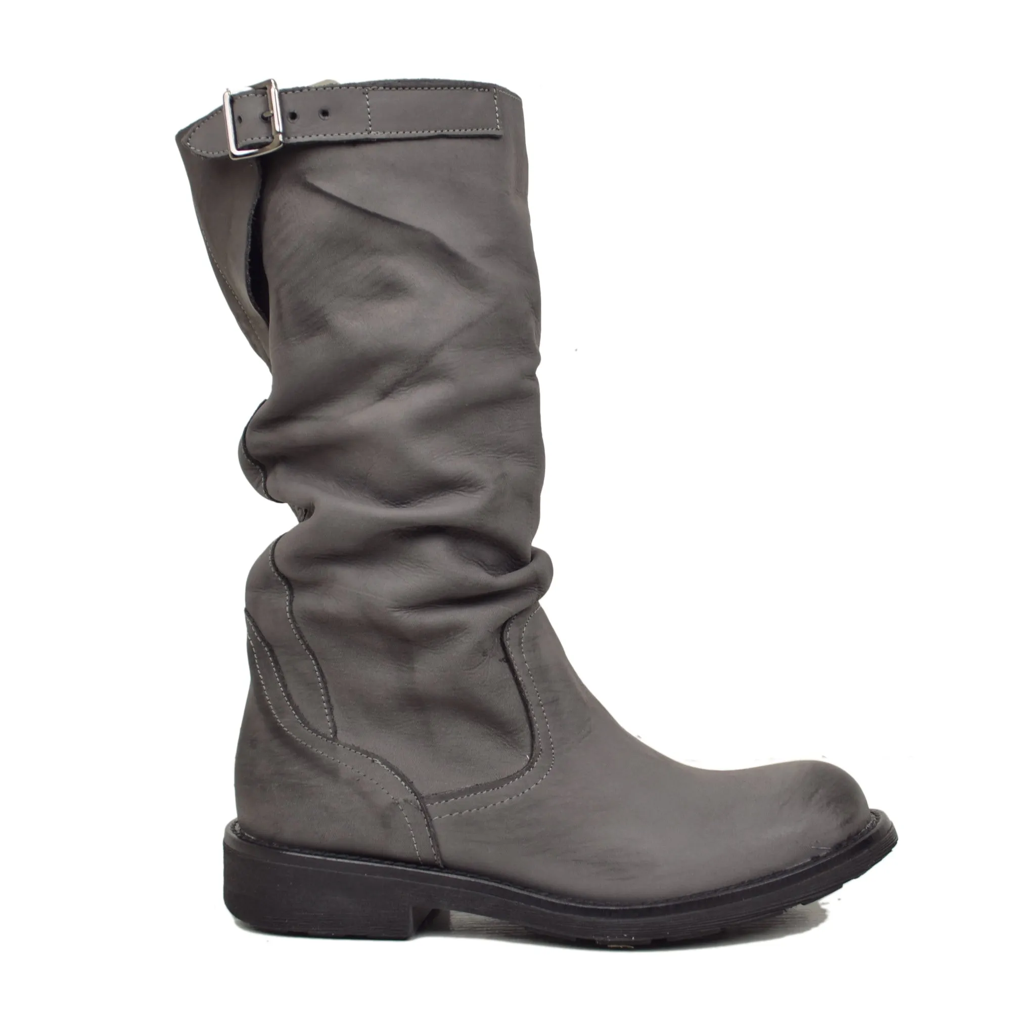 Stivali Biker Boots a Metà Polpaccio in Pelle Vintage Grigio