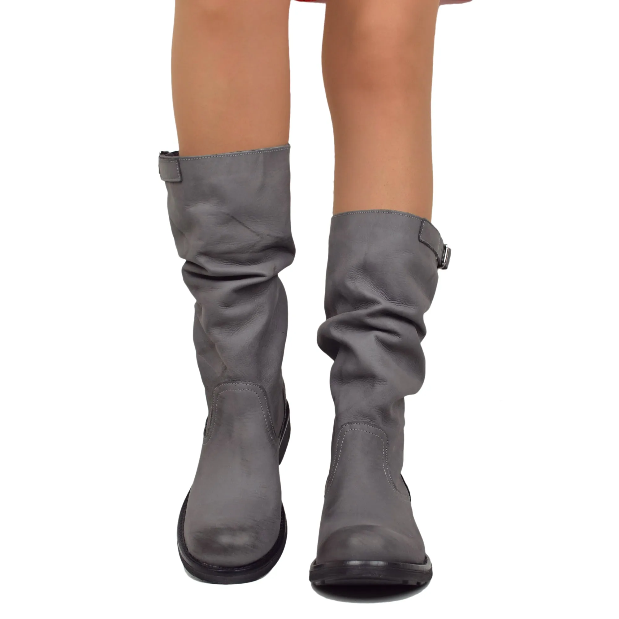 Stivali Biker Boots a Metà Polpaccio in Pelle Vintage Grigio