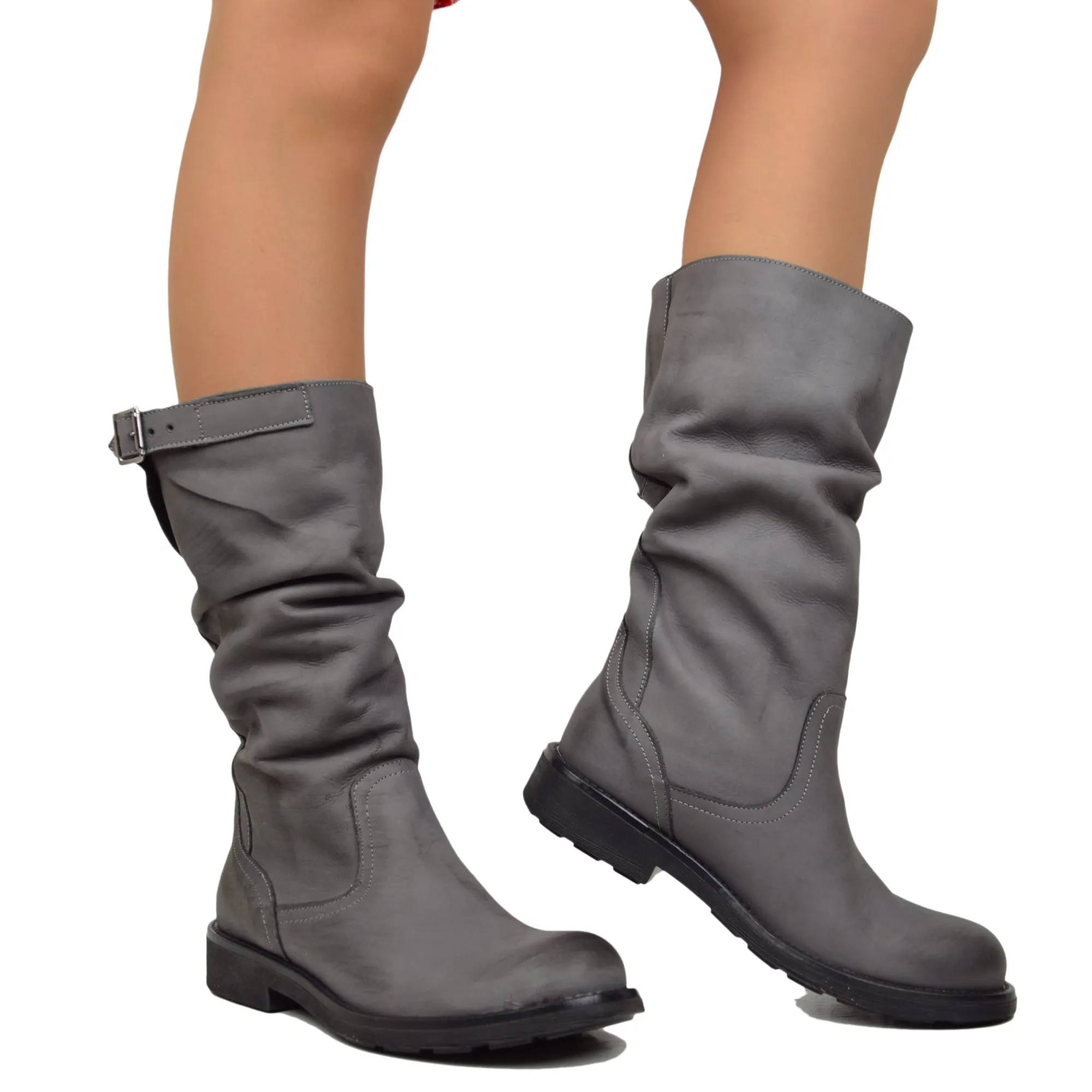 Stivali Biker Boots a Metà Polpaccio in Pelle Vintage Grigio