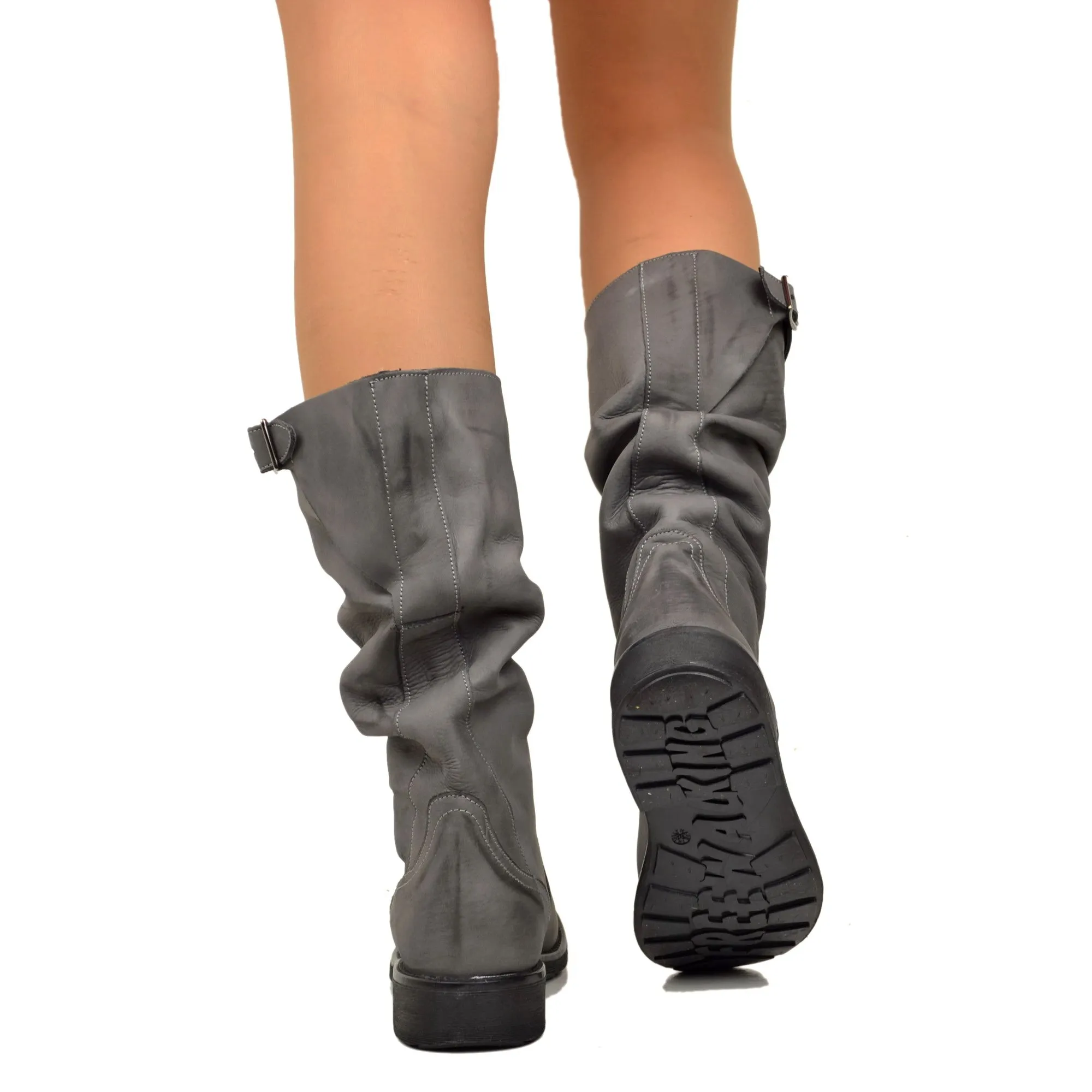 Stivali Biker Boots a Metà Polpaccio in Pelle Vintage Grigio