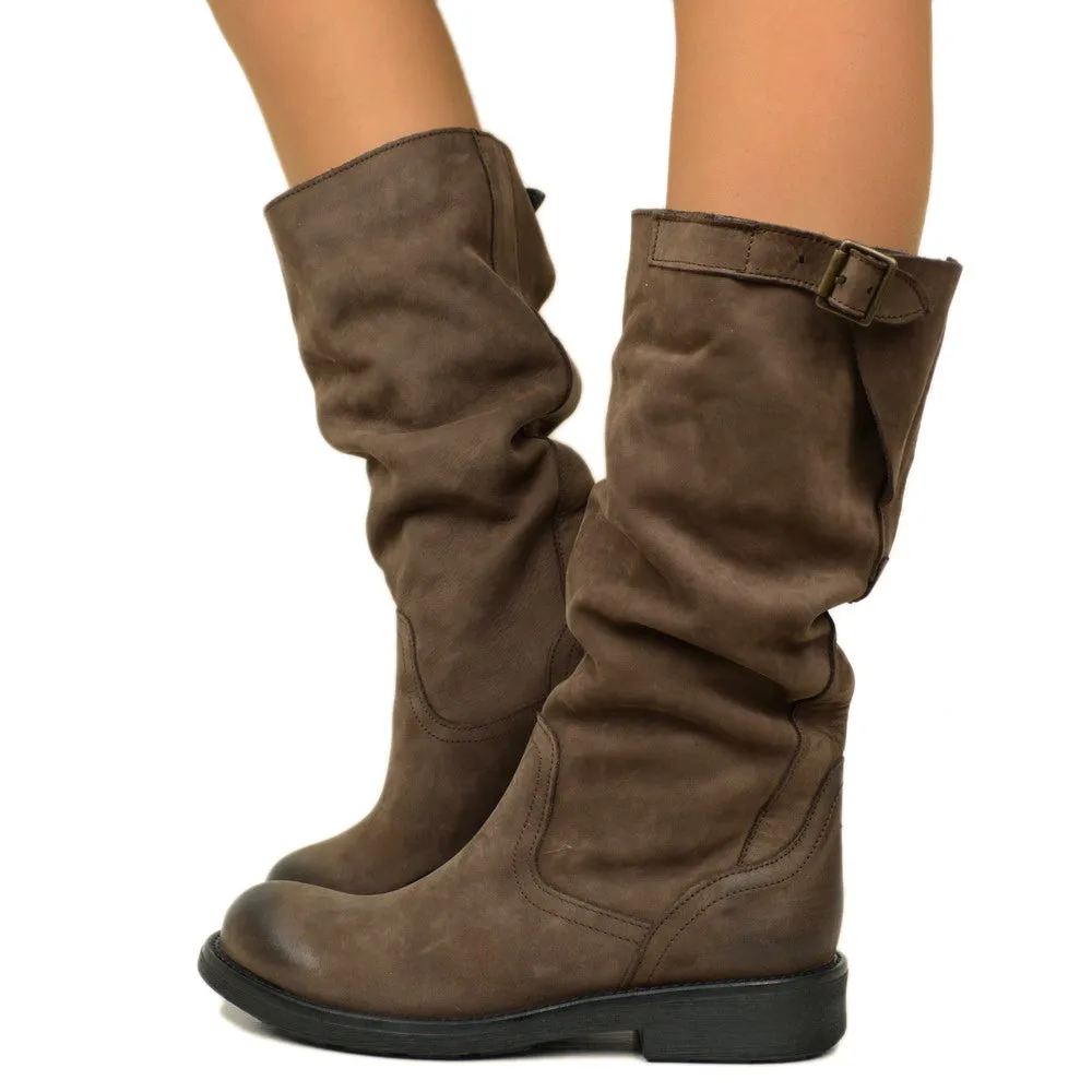 Stivali Biker Boots a Metà Polpaccio in Pelle Vintage Marrone