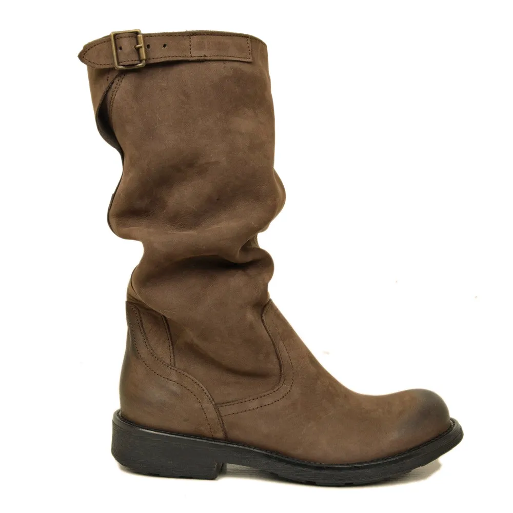 Stivali Biker Boots a Metà Polpaccio in Pelle Vintage Marrone