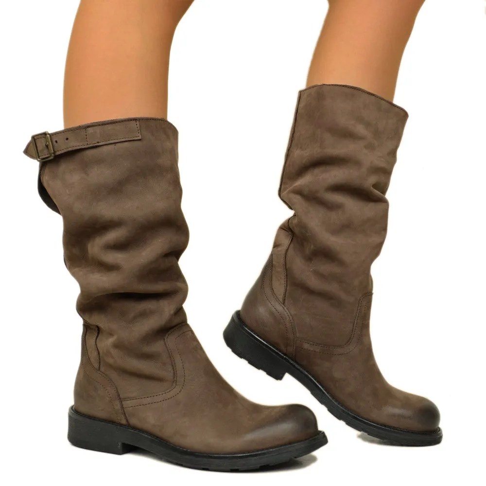 Stivali Biker Boots a Metà Polpaccio in Pelle Vintage Marrone