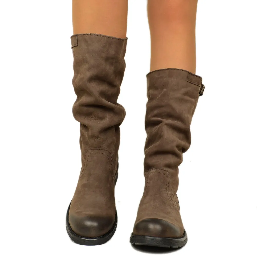 Stivali Biker Boots a Metà Polpaccio in Pelle Vintage Marrone