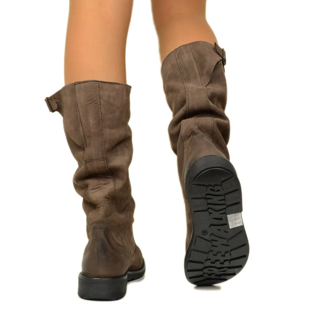 Stivali Biker Boots a Metà Polpaccio in Pelle Vintage Marrone