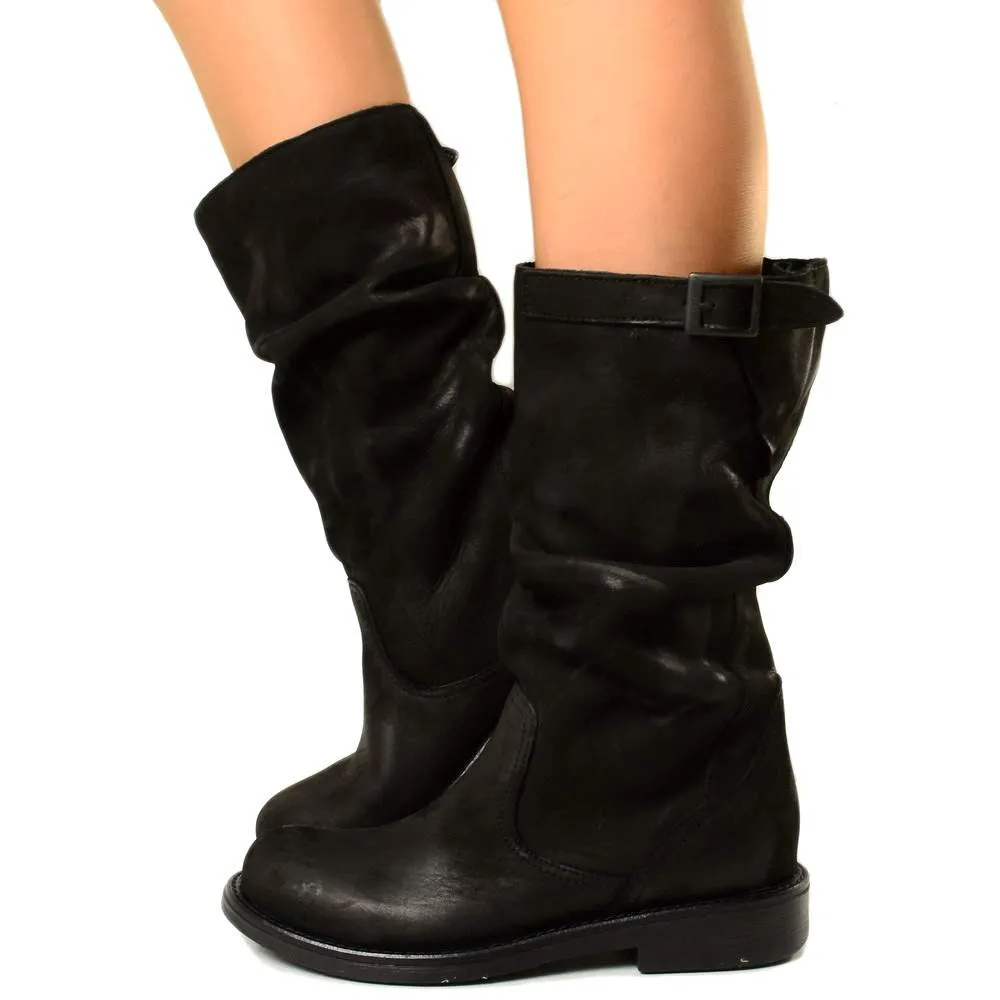 Stivali Biker Boots a Metà Polpaccio in Pelle Vintage Neri