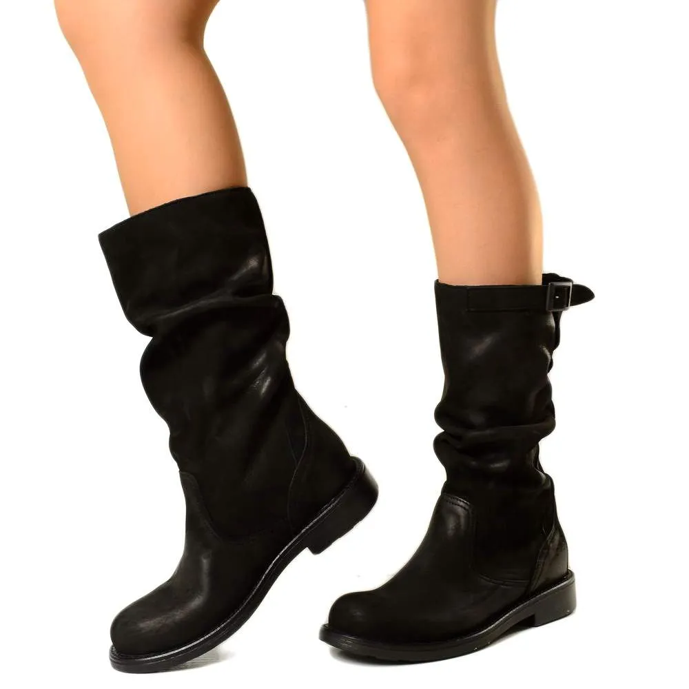 Stivali Biker Boots a Metà Polpaccio in Pelle Vintage Neri