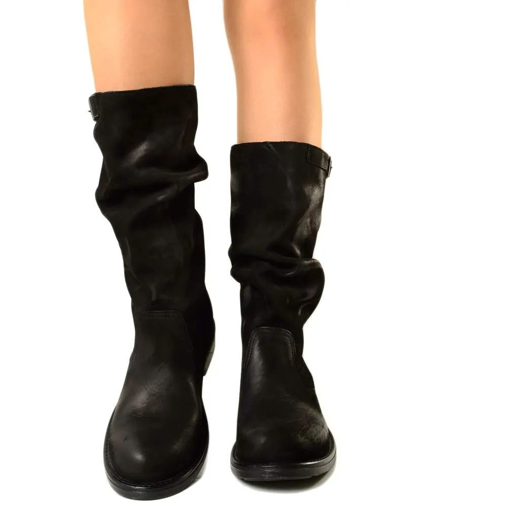 Stivali Biker Boots a Metà Polpaccio in Pelle Vintage Neri