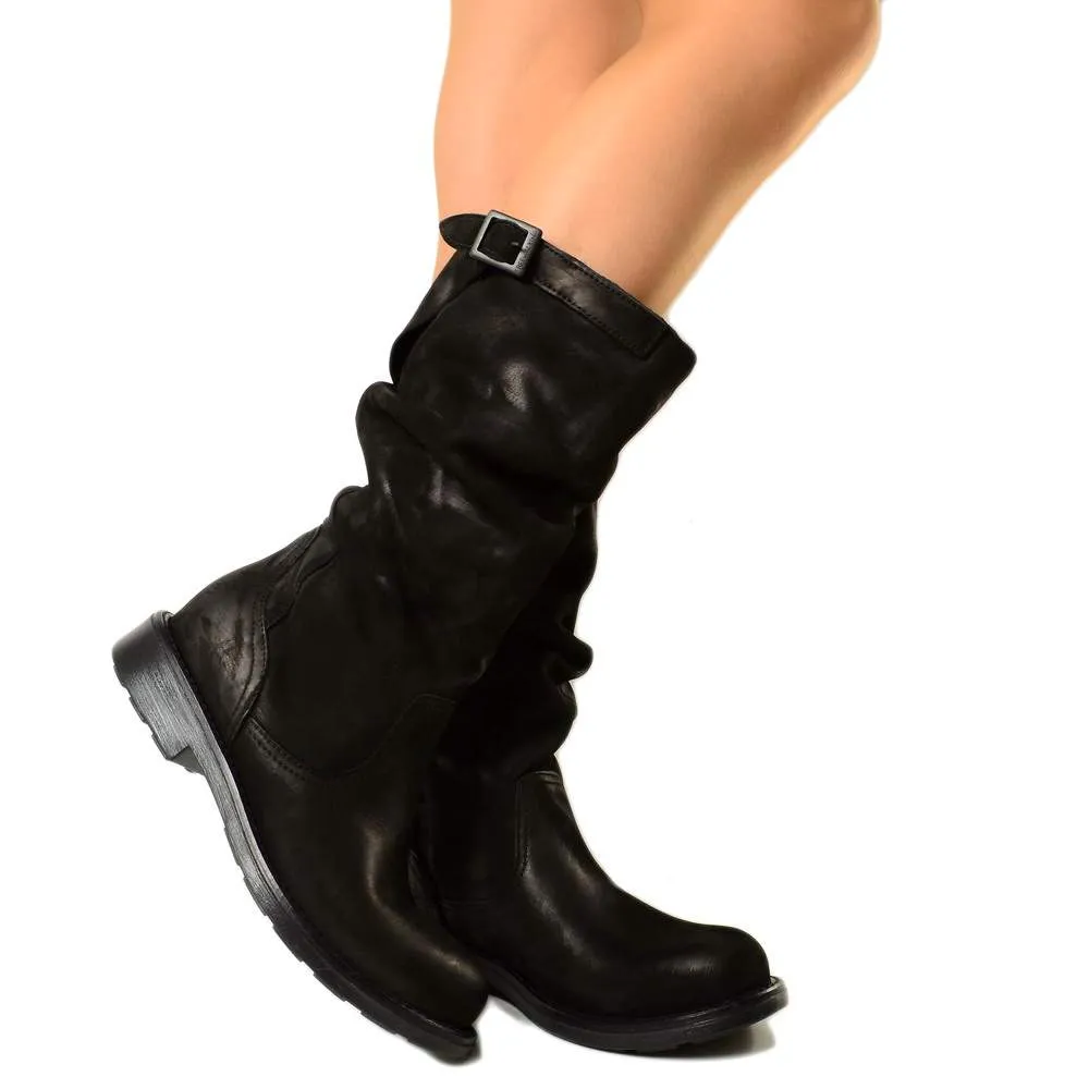 Stivali Biker Boots a Metà Polpaccio in Pelle Vintage Neri