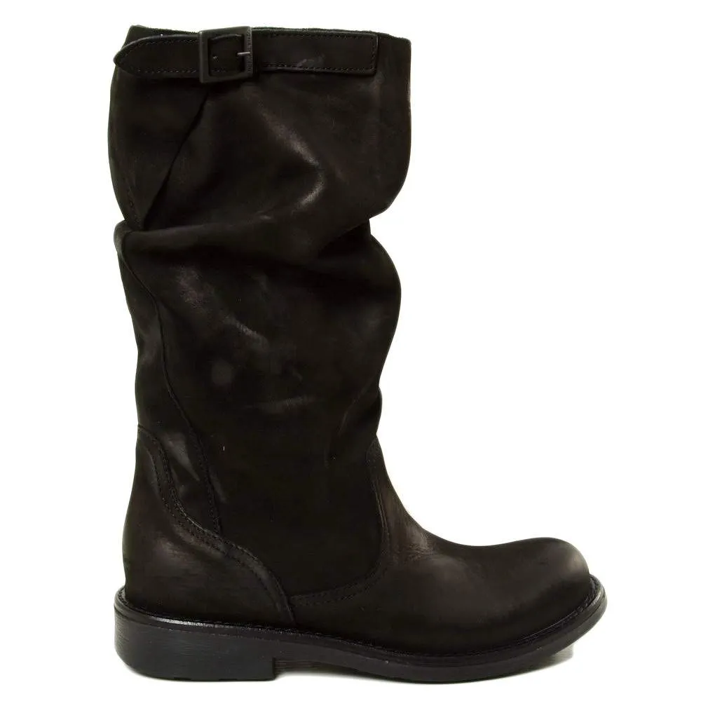 Stivali Biker Boots a Metà Polpaccio in Pelle Vintage Neri