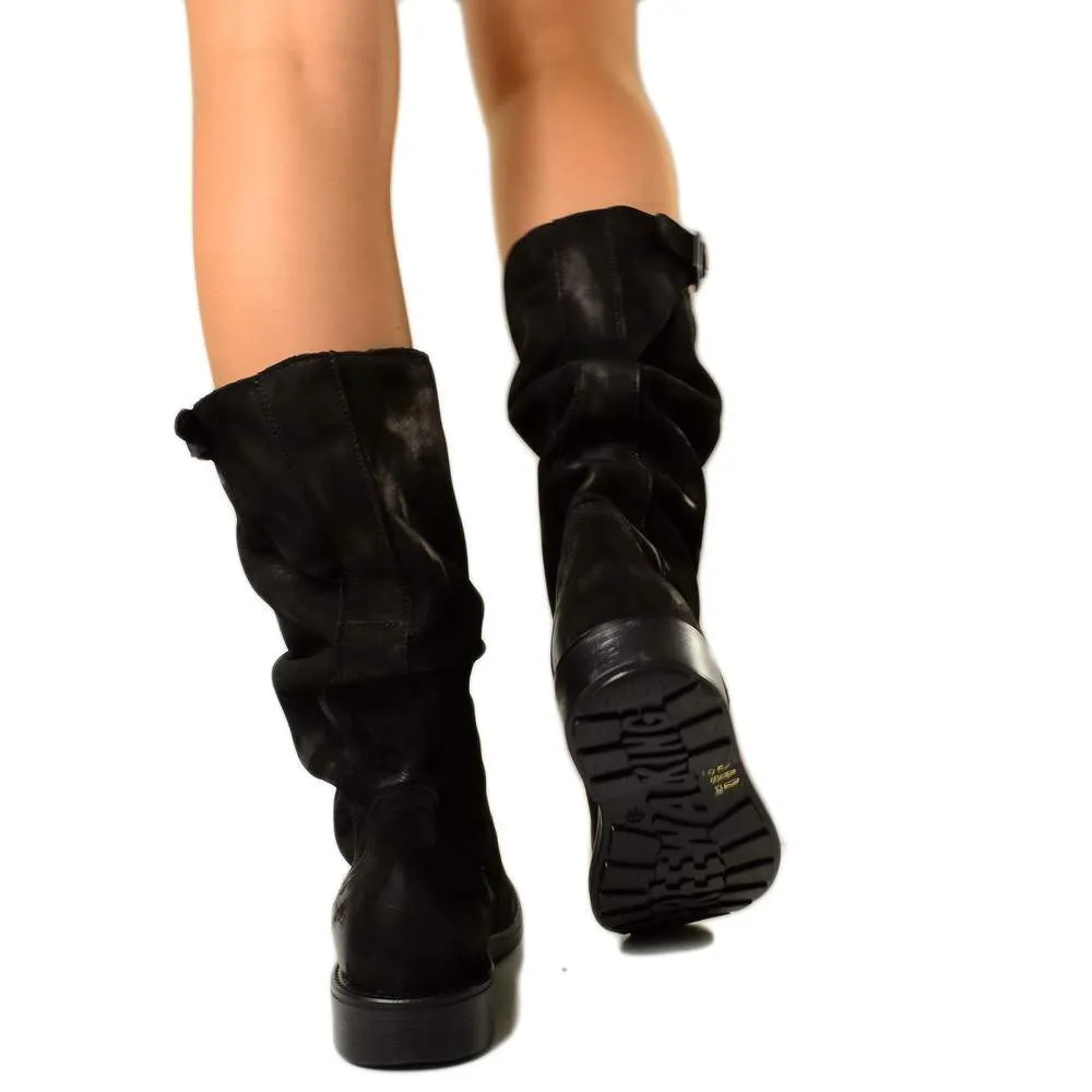 Stivali Biker Boots a Metà Polpaccio in Pelle Vintage Neri