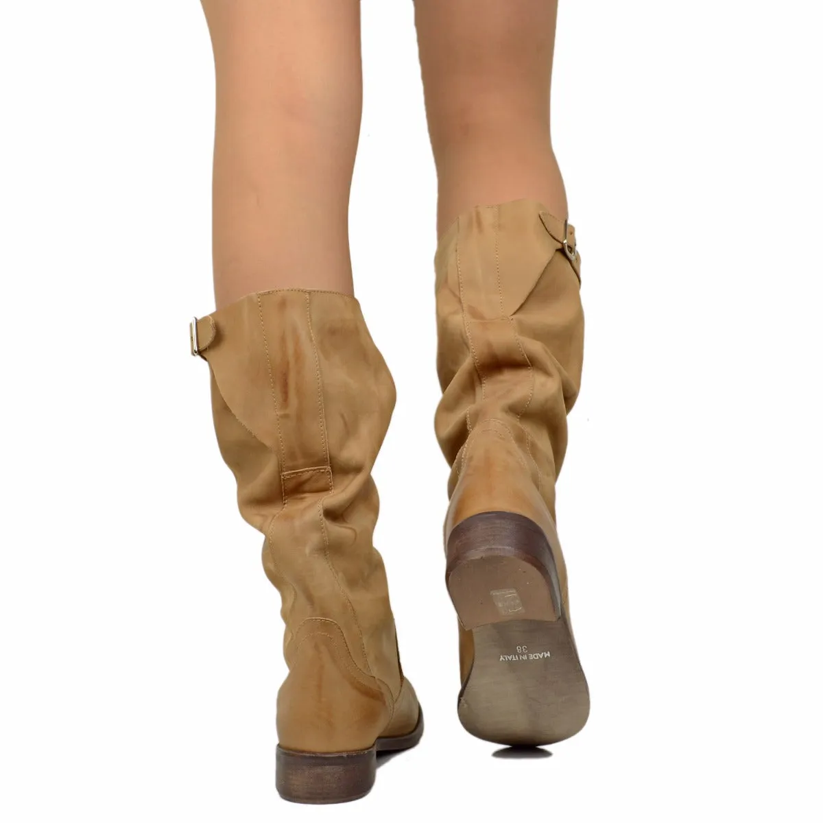 Stivali Biker Boots a Metà Polpaccio in Pelle Vintage Terra