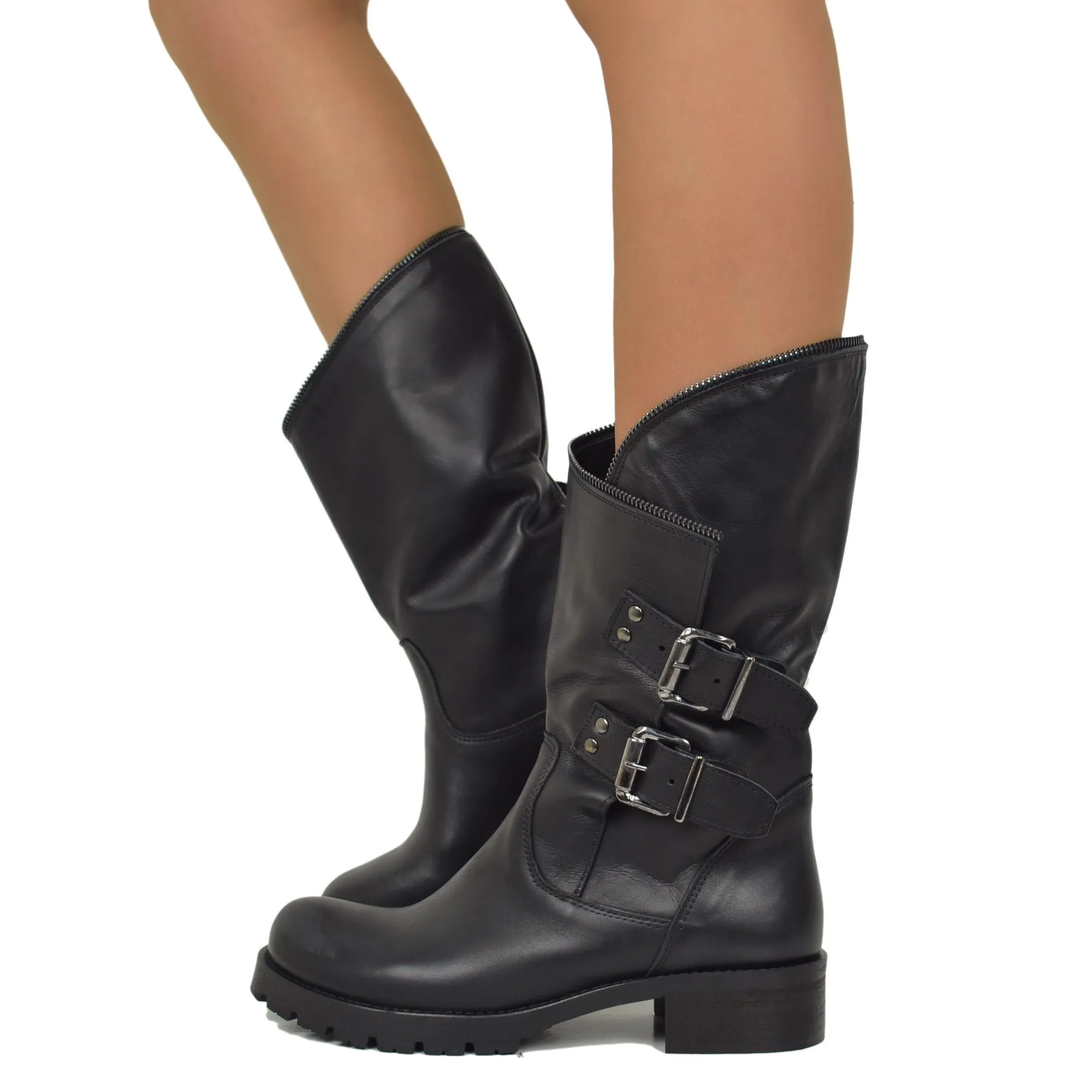 Stivali Biker con Polpaccio Ampio e Regolabile con Zip Vera Pelle Neri