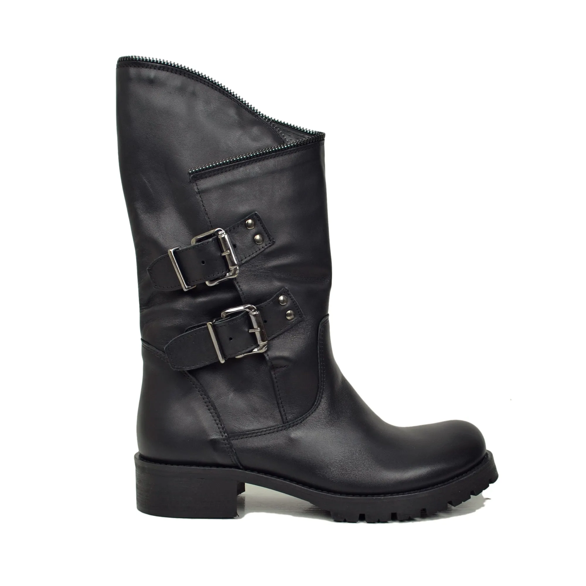 Stivali Biker con Polpaccio Ampio e Regolabile con Zip Vera Pelle Neri