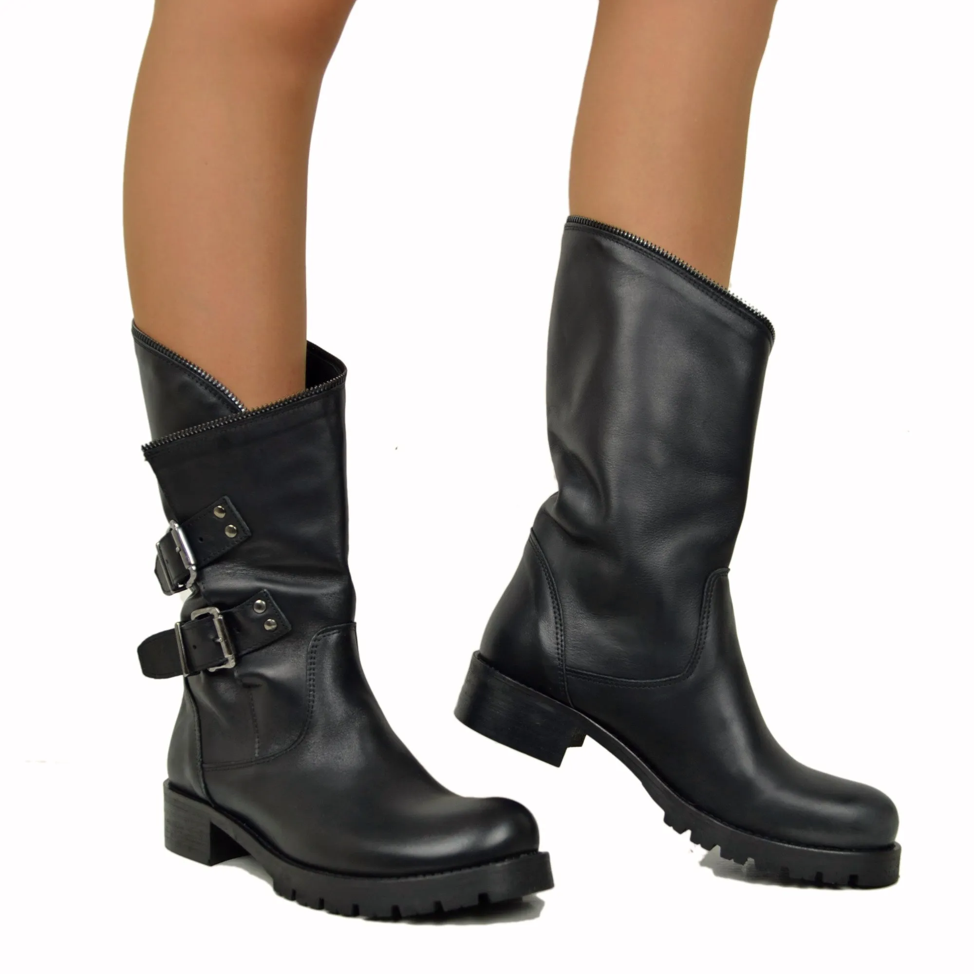 Stivali Biker con Polpaccio Ampio e Regolabile con Zip Vera Pelle Neri