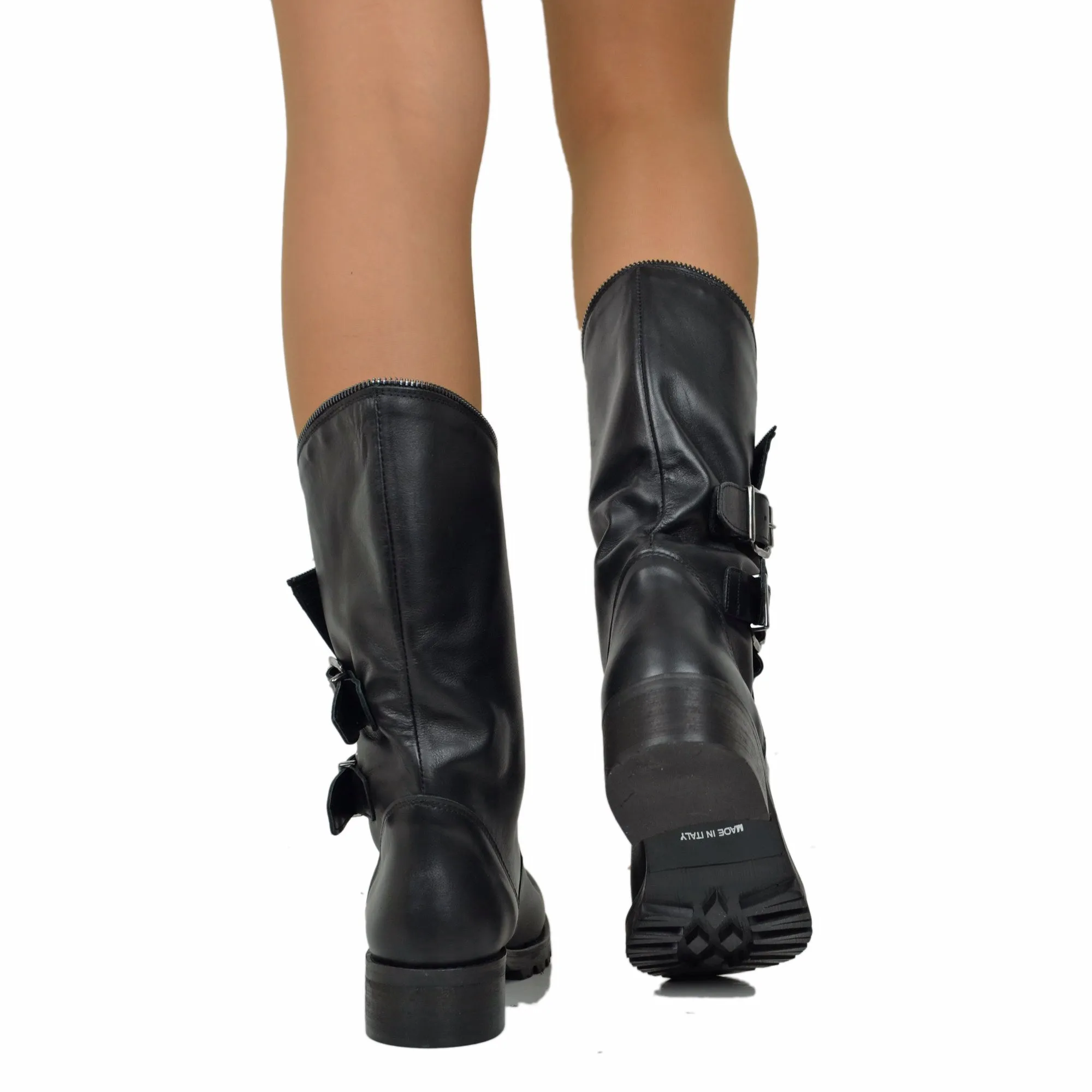 Stivali Biker con Polpaccio Ampio e Regolabile con Zip Vera Pelle Neri