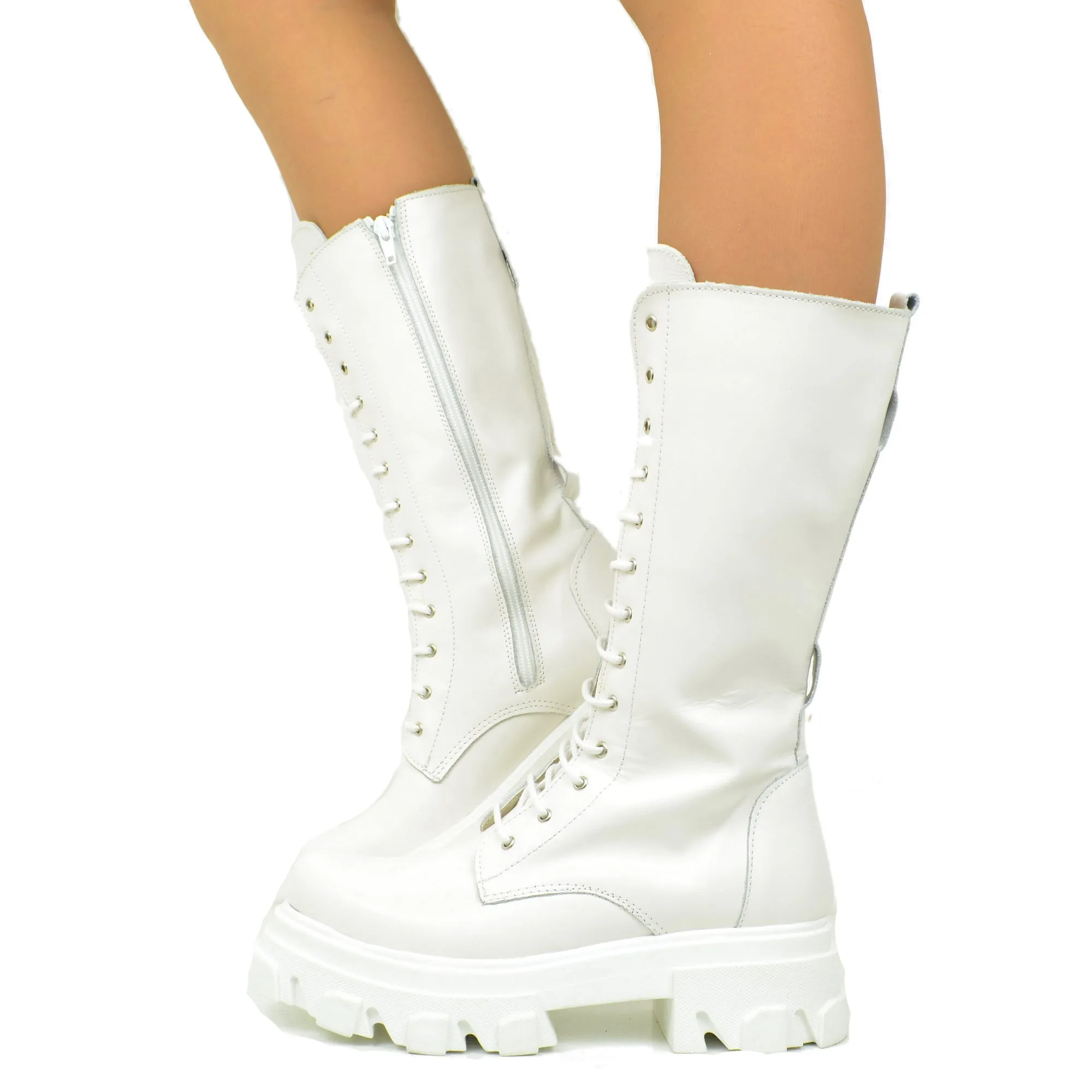 Stivali Donna Anfibi Bianchi in Pelle Made in Italy