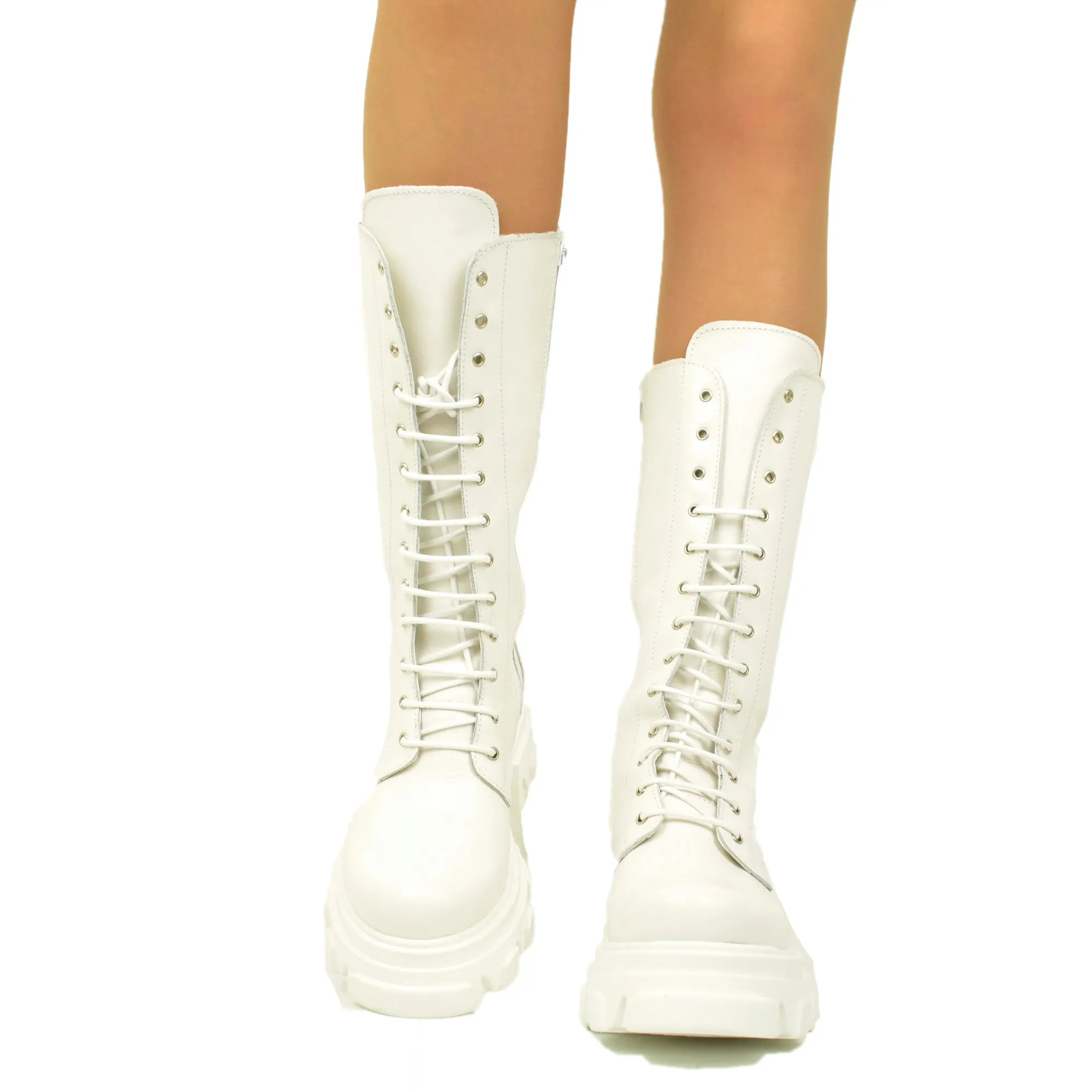 Stivali Donna Anfibi Bianchi in Pelle Made in Italy