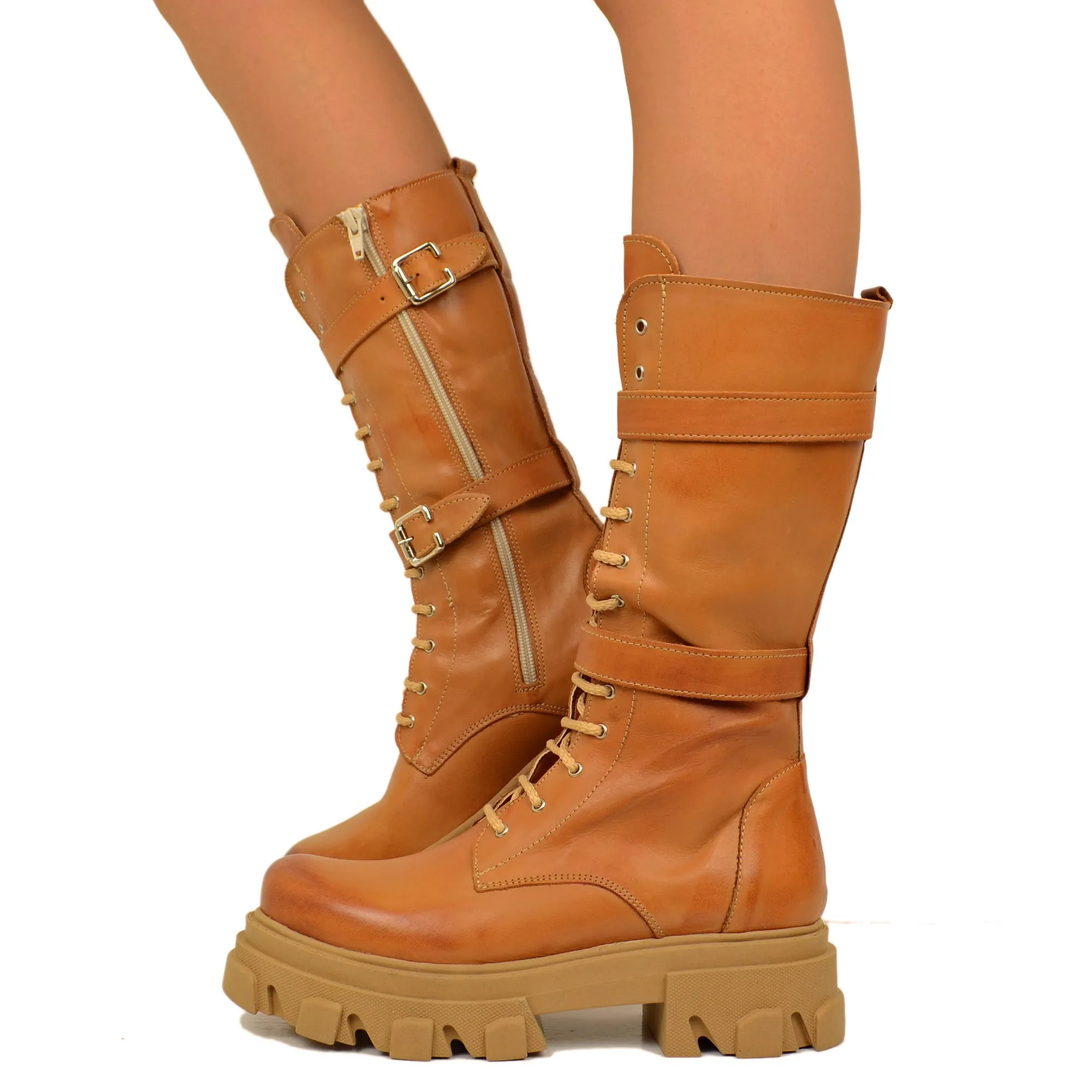 Stivali Donna Anfibi Marroni in Pelle Made in Italy