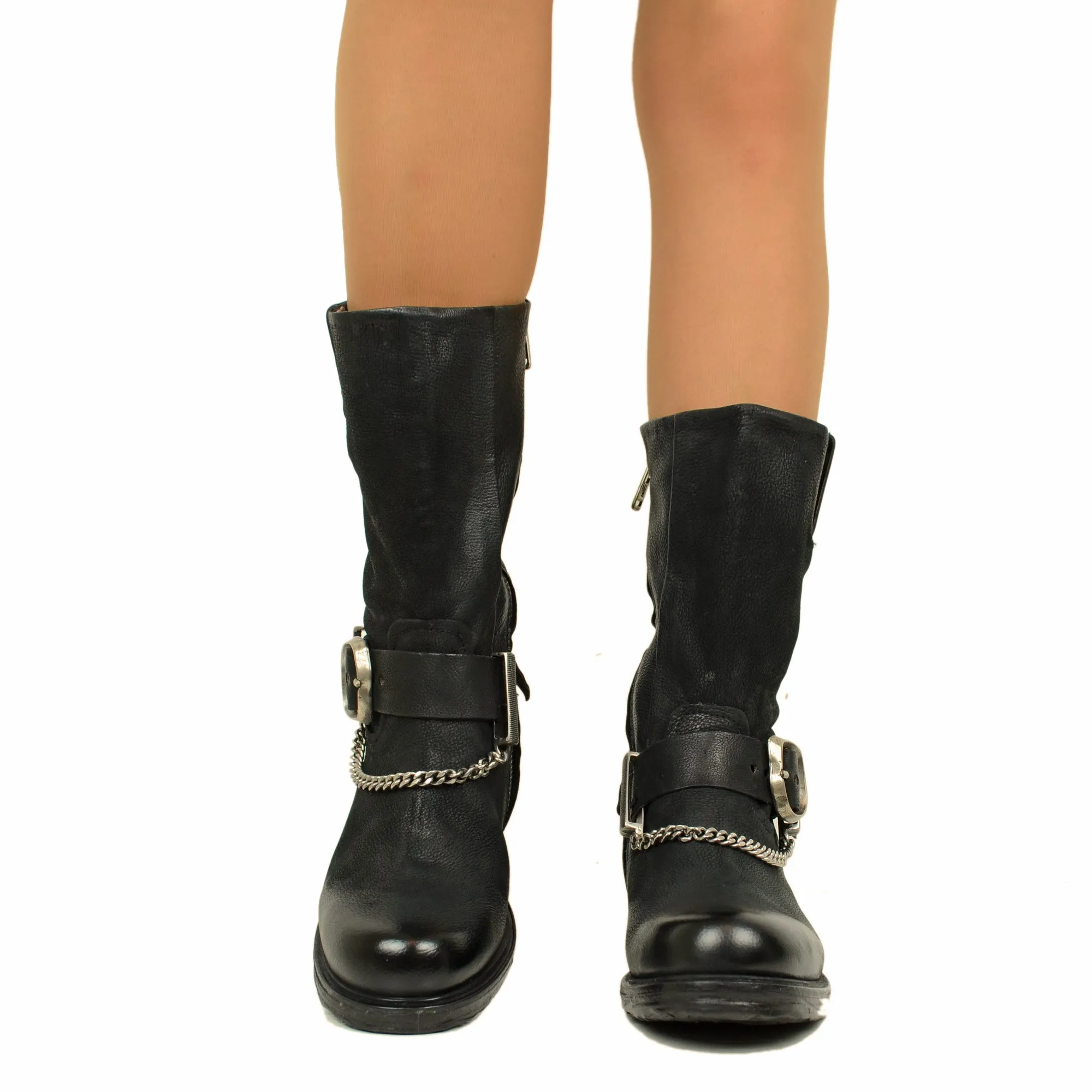 Stivali Donna Biker in Pelle Bottalata Neri A.S.98 Catena e Zip