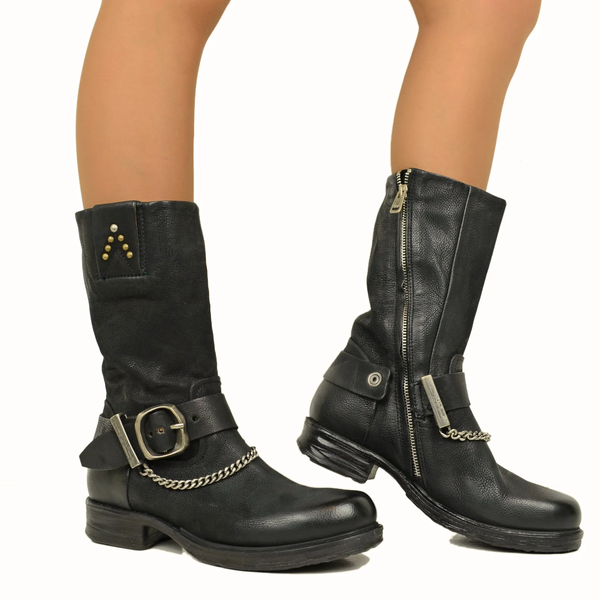Stivali Donna Biker in Pelle Bottalata Neri A.S.98 Catena e Zip