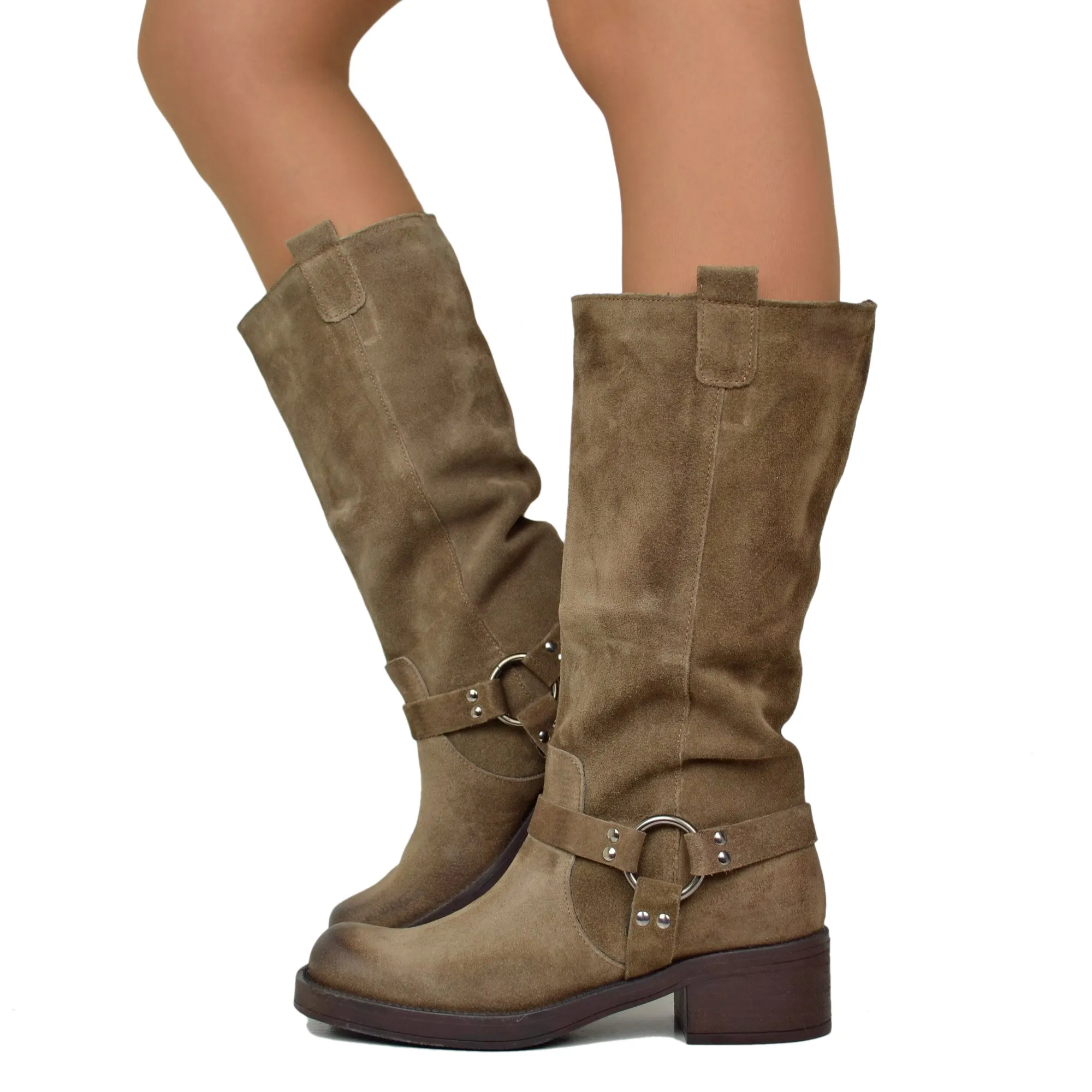 Stivali Donna Biker in Pelle Scamosciata con Punta Quadrata Taupe