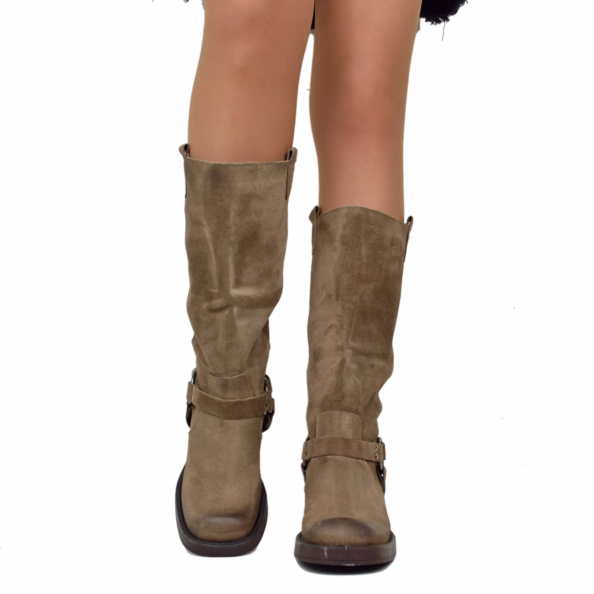 Stivali Donna Biker in Pelle Scamosciata con Punta Quadrata Taupe