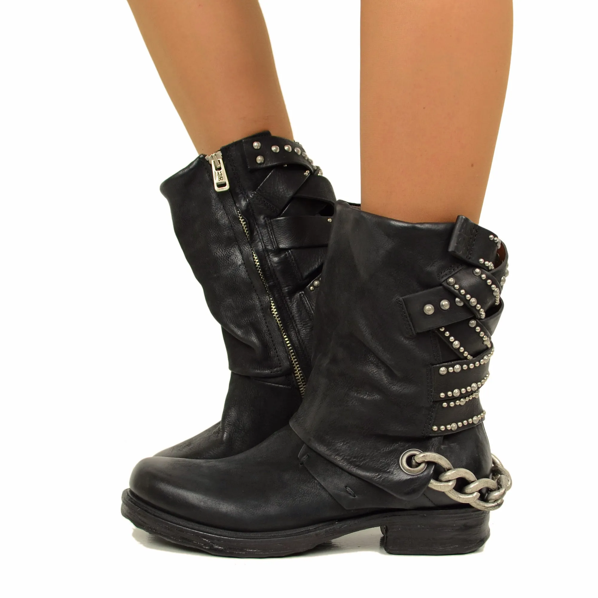 Stivali Donna Biker Neri A.S.98 in Pelle con Borchie e Zip