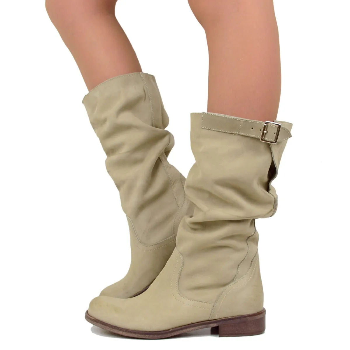 Stivali Donna Estivi in Pelle Nabuk Vintage Taupe Made in Italy