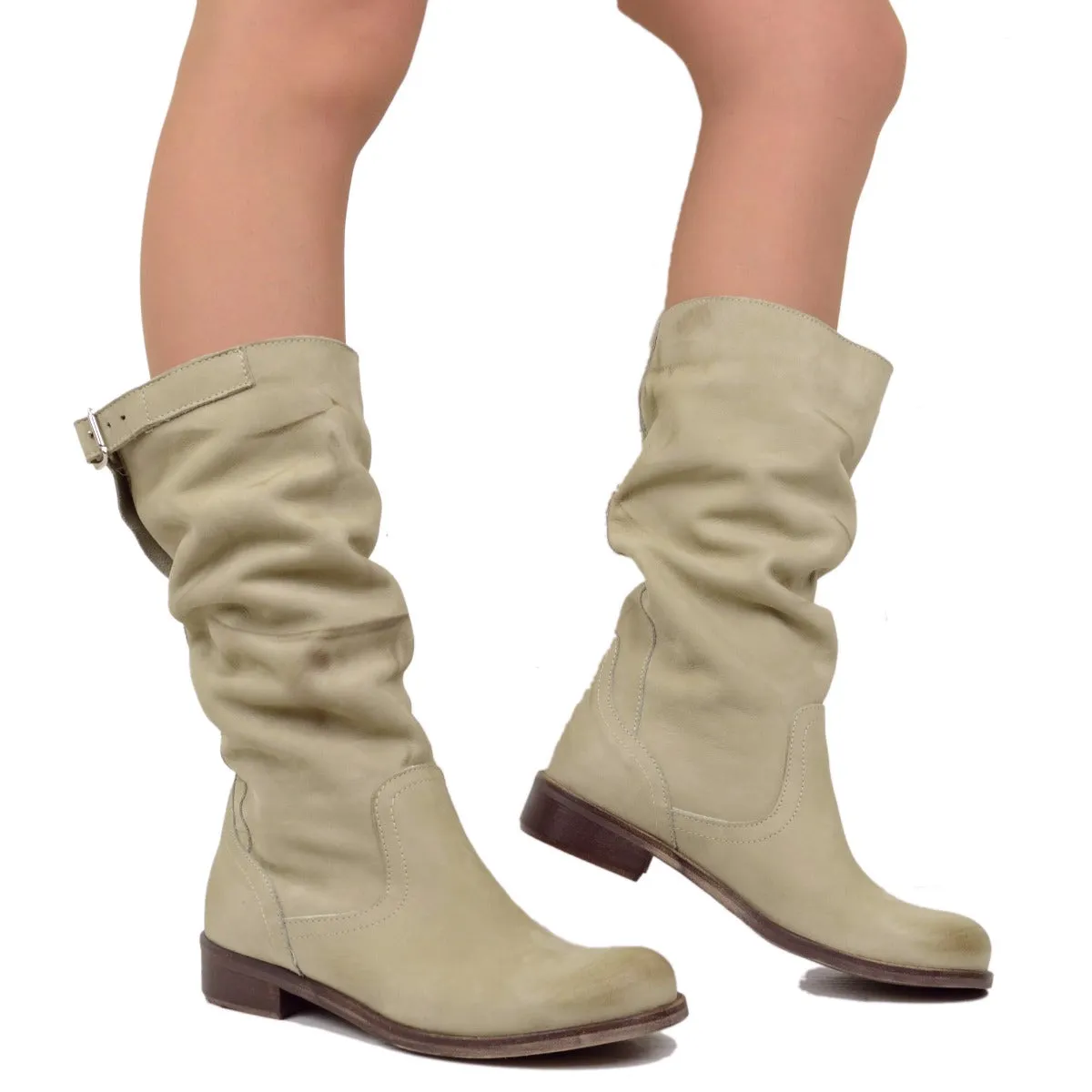 Stivali Donna Estivi in Pelle Nabuk Vintage Taupe Made in Italy