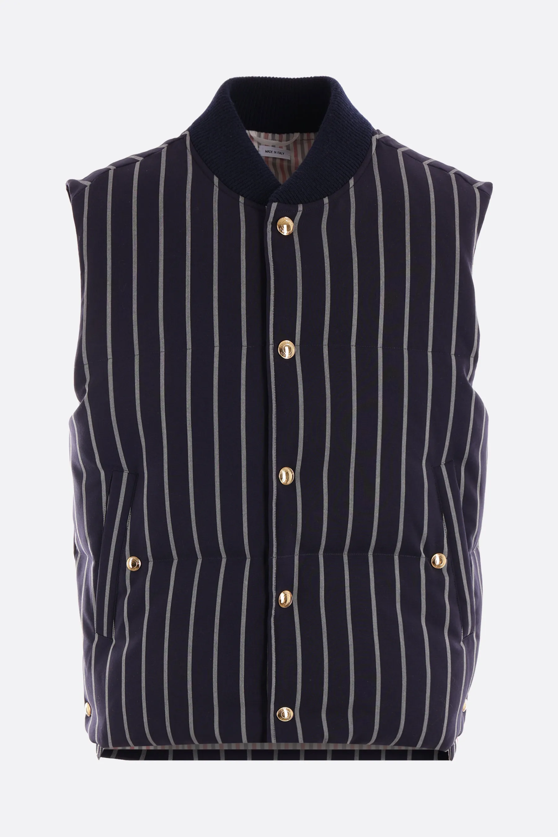THOM BROWNE piumino smanicato in lana a righe