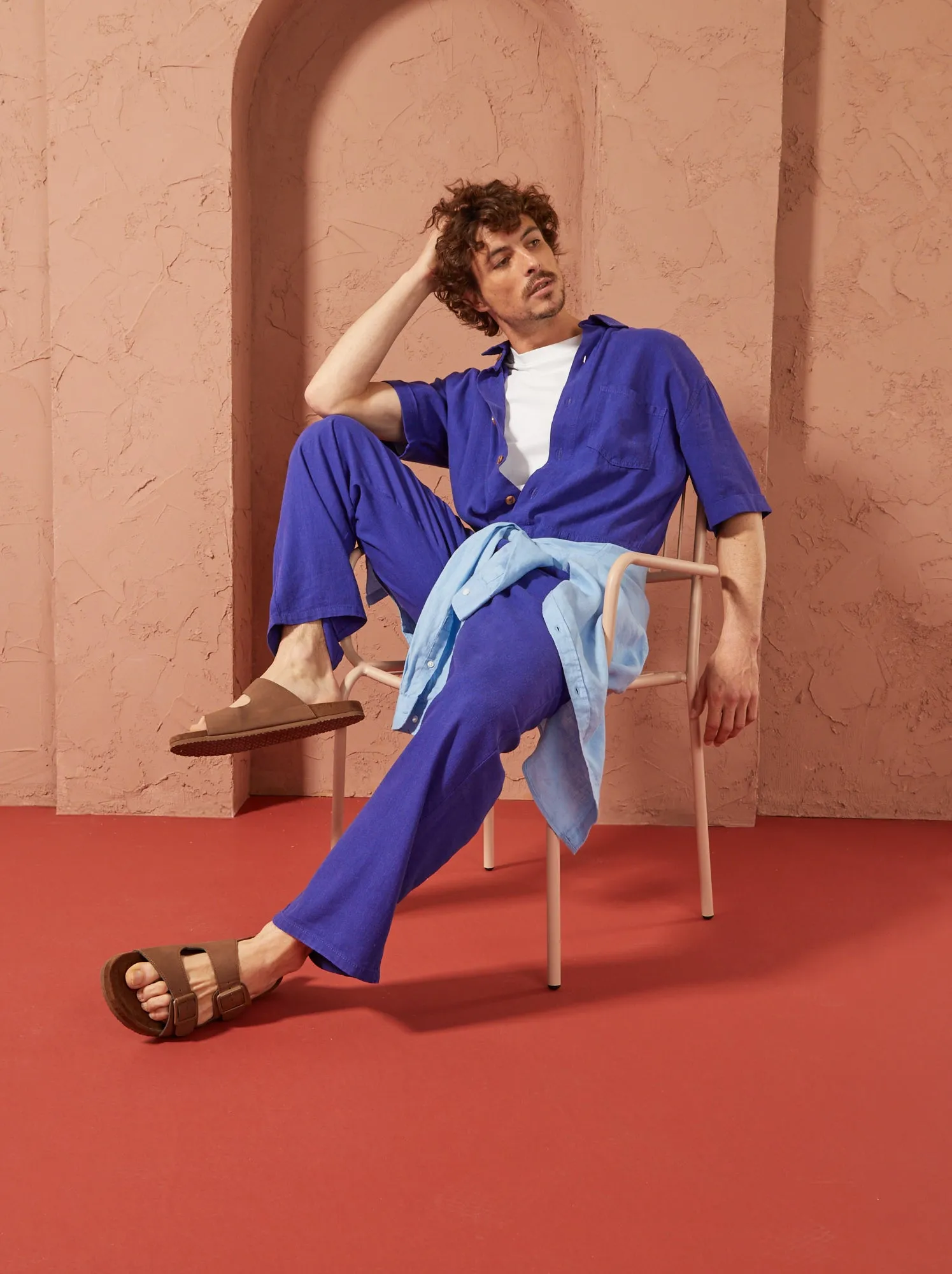 Tuta in misto lino a maniche corte - Unisex - BLU